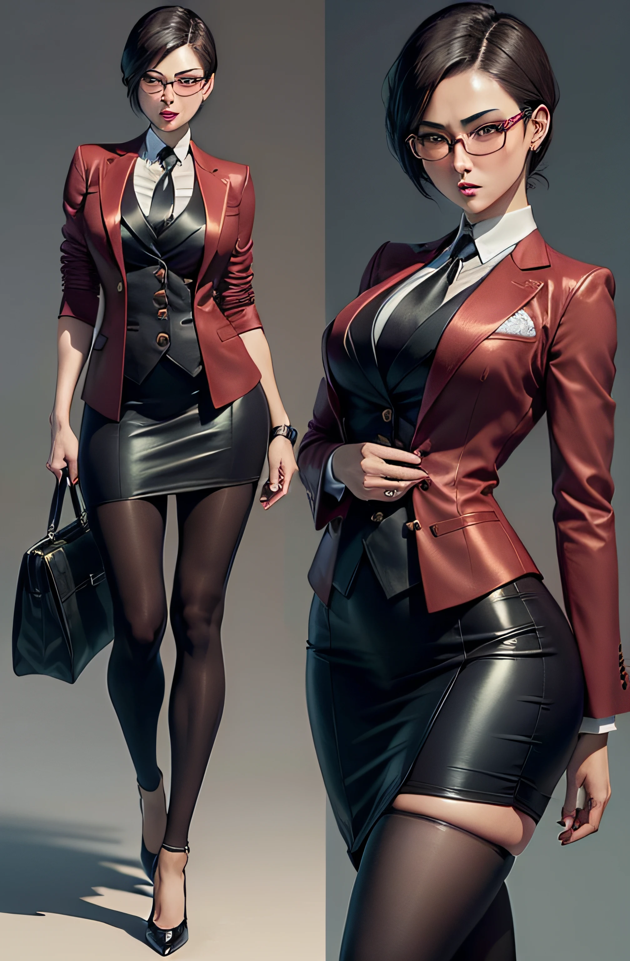 1 woman, ada wong, skirt suit, (((three-piece suit))), necktie, blazer, ((suit jacket)), ((waistcoat)), double-breasted waistcoat, bodycon miniskirt, pencil skirt, tie clip, pocket square, pocket watch, pantyhose, high heels, glasses, makeup, lipstick