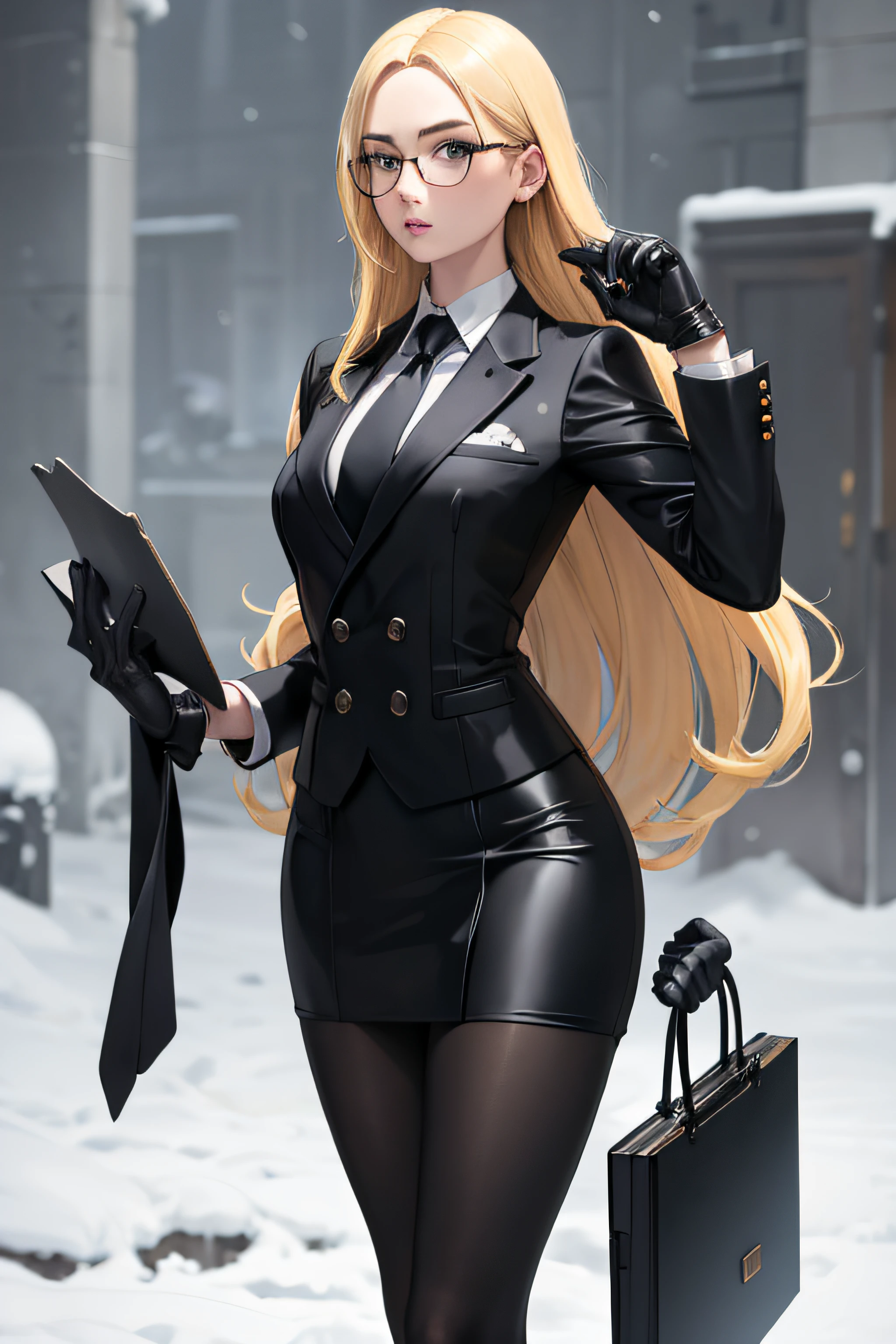 masterpiece, best quality, blonde hair, sfKolin, glasses, black shiny skirt suit, (((three-piece suit))), necktie, blazer, suit jacket, waistcoat, bodycon skirt, snow, grey sky, black gloves, holding clipboard, looking at viewer, high heels