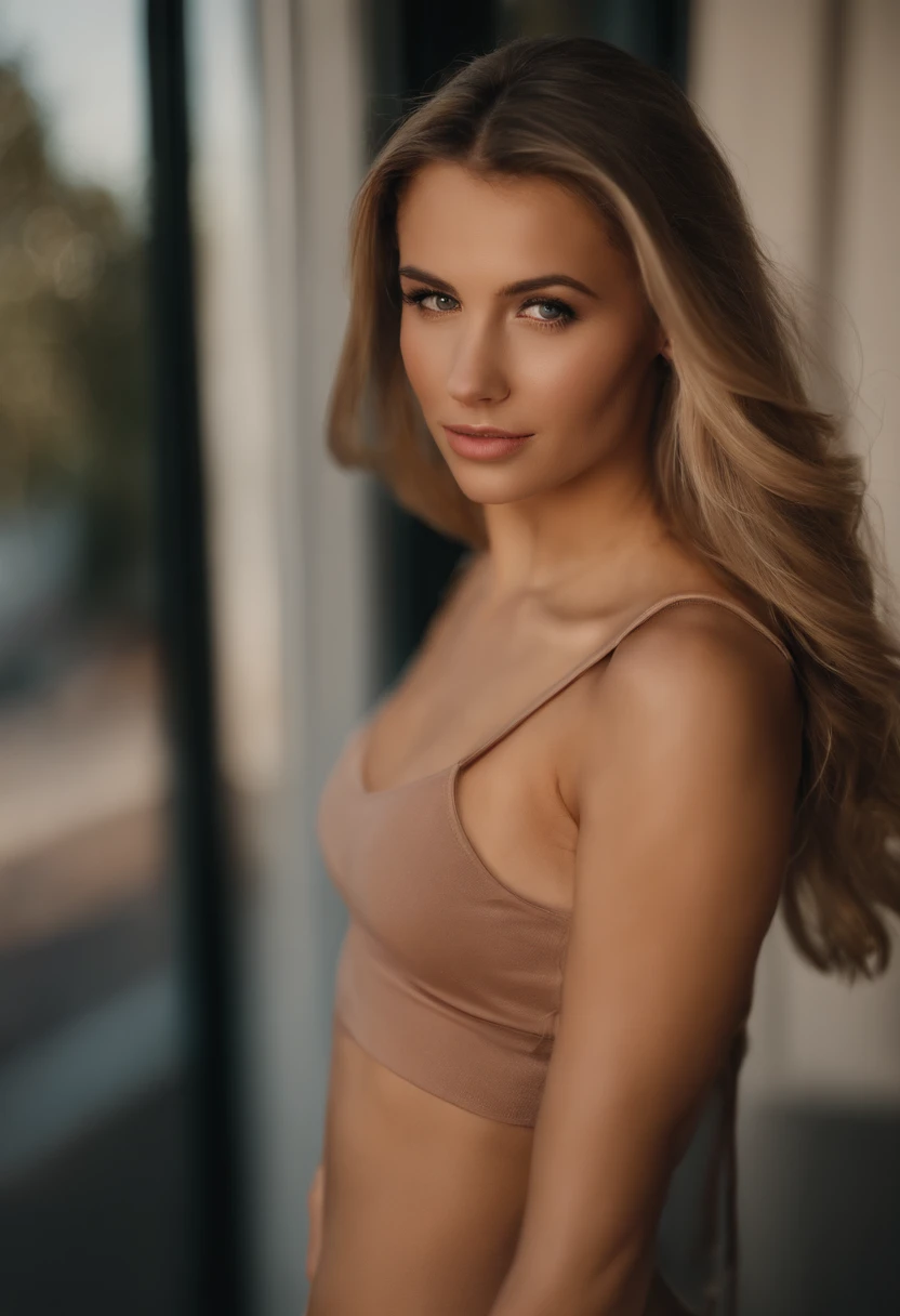 19 Year Old Pretty Woman, nur, Lange Haare, midsize boobs, Blick auf den Betrachter, blondes Haar, nackte Schultern, braune Augen, Schmuck, full entire body, Halskette, schulterfrei, pullover, lips, realistisch, Nase, Flirten mit der Kamera, Bikini, Poren, kurvig, detaillierte Haut, Poren, unretuschiert
