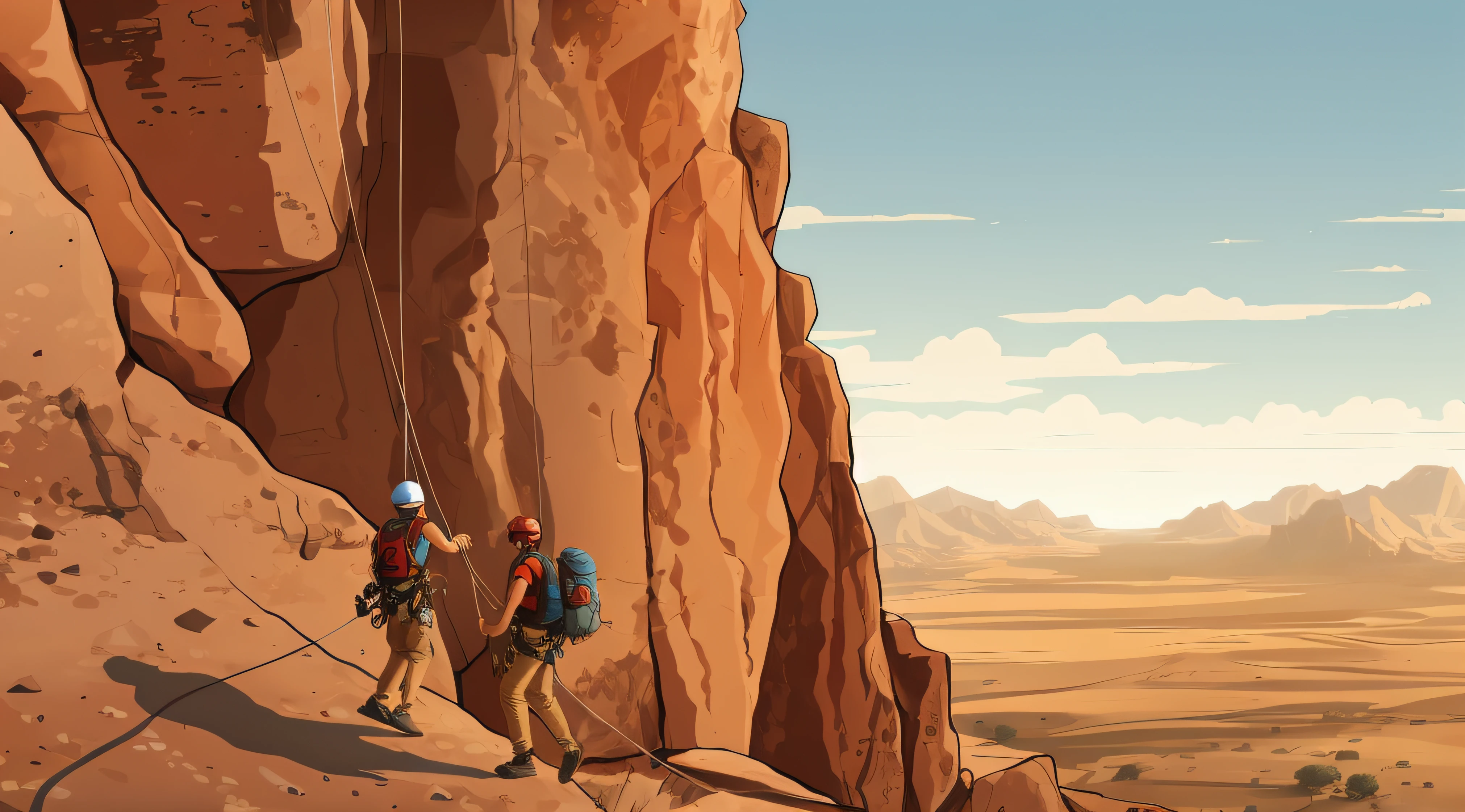 Two people climbed a steep cliff, Rock climbers climb, canyon background, climbing up a cliffside, brown canyon background, background artwork, Action-adventure scenes, Game illustration, climbing, Climbing, top of a canyon, mountaineous background, detailed game art illustration, arte de fundo, canyons, cliffside, Rock climbers, A quick rescue operation in a large desert cave,People rescued with ropes,high detal,full body shot shot,Ultra-high resolution head,concept-art,film effect,High details