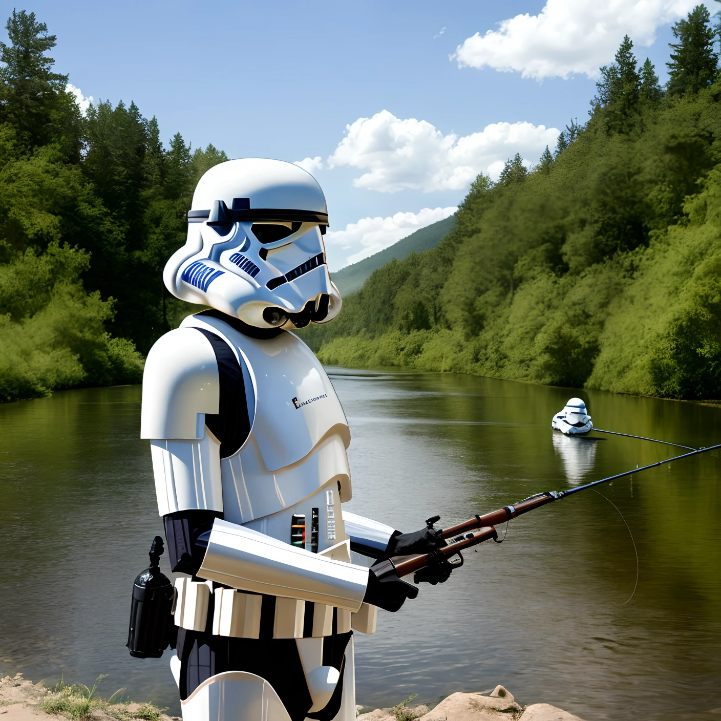a (stormtrooper) nature, relaxing, fishing, solo, river, water, cottagecore, architecture, outdoor, masterpiece, high quality,  helmet,
