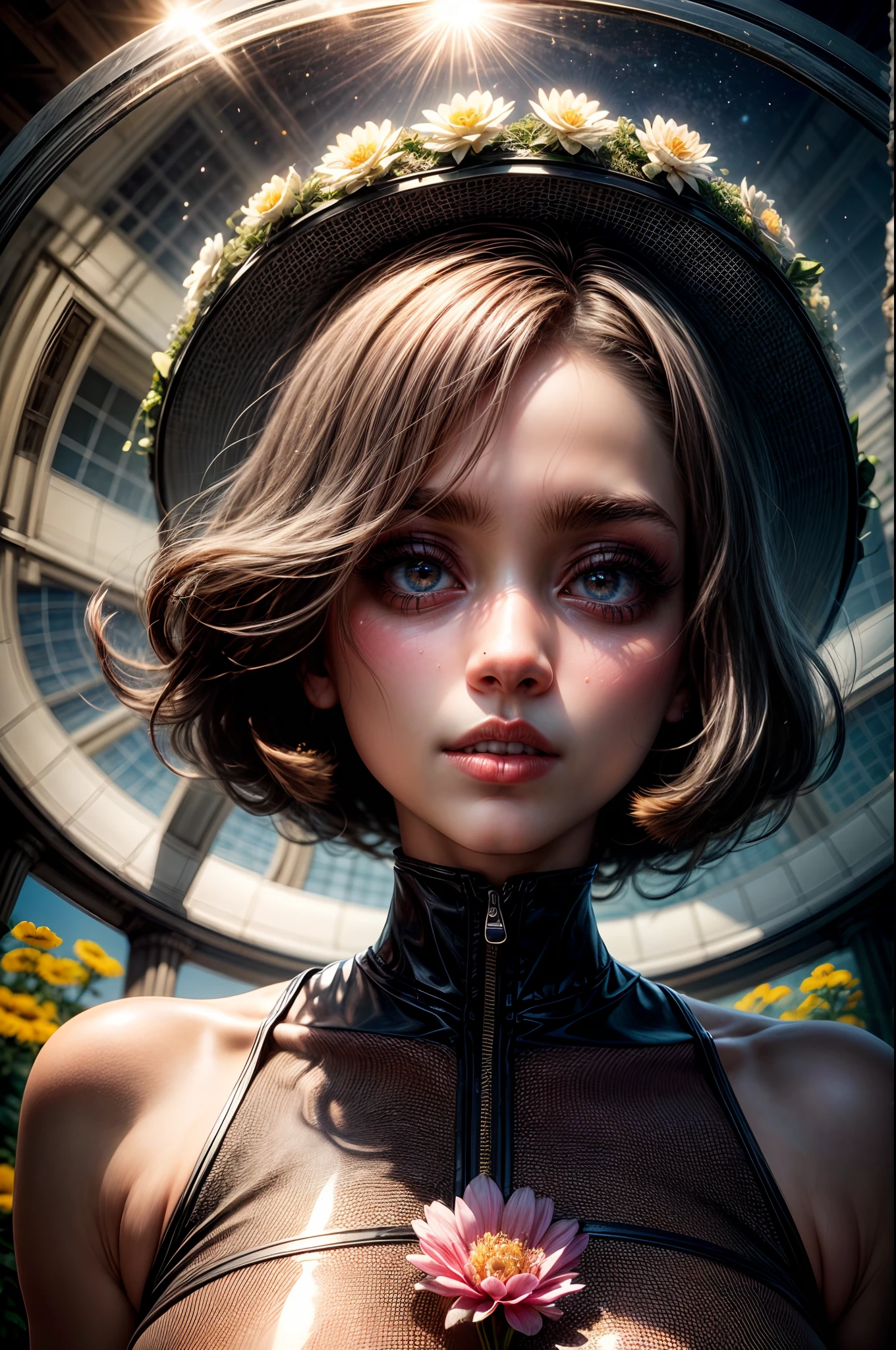 In the heart of San Francisco, a crystal-clear dome encloses a futuristic garden where vibrant flowers bloom under the watchful gaze of a girl with eyes that sparkle like the cosmos, tending to the otherworldly flora, a fusion of natural beauty and technological wonder.
