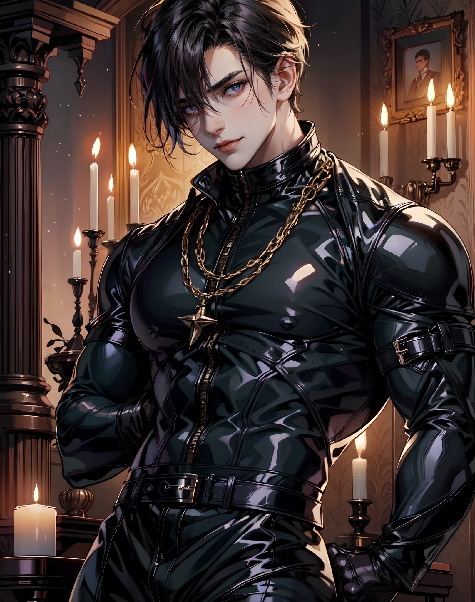 high quality, (japanese boy), (detailed black eyes), (black hair), (muscle:1.5), naked, (shiny skin), crossed harness, black thong, bulge, (detailed puffy nipples), looking at viewer, candle, dungeon, best quality, 4k, highres, (masterpiece:1.2), (realistic, photorealistic, photo-realistic), looking at viewer, (face close up:0.6), smirk,--no watch,