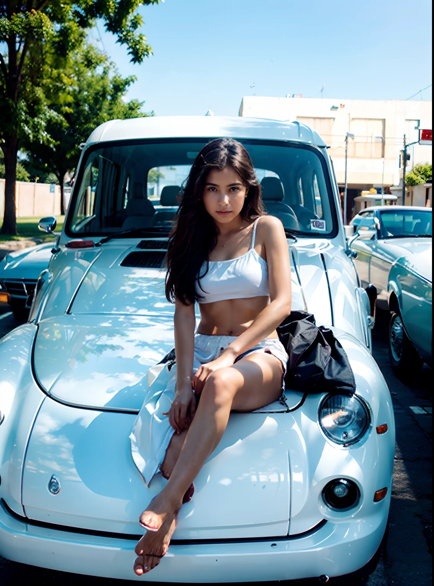 Girl sitting on top of a white car, foto de cinema