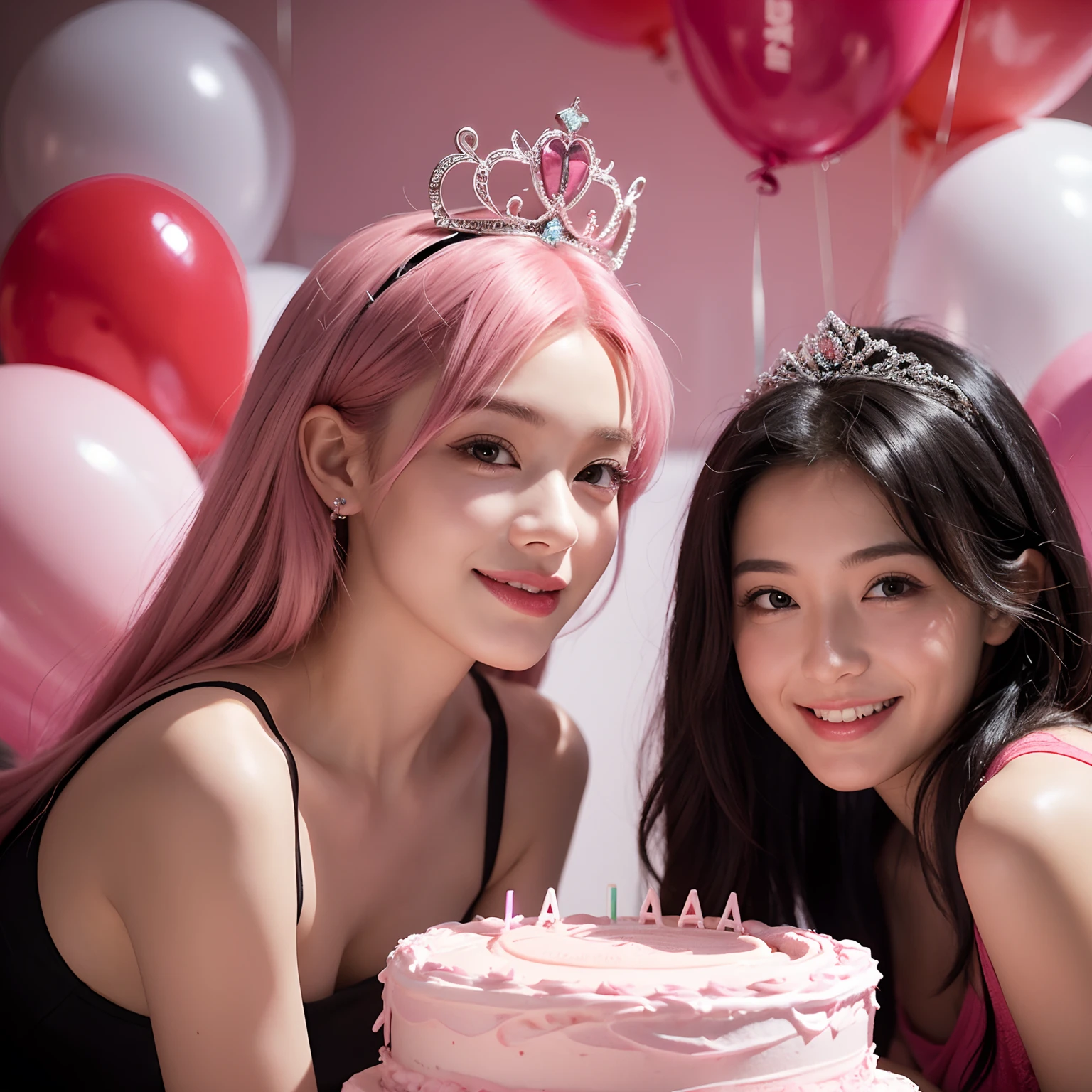 A girl with pink hair and a girl with black hair smiling with a birthday tiara on her head