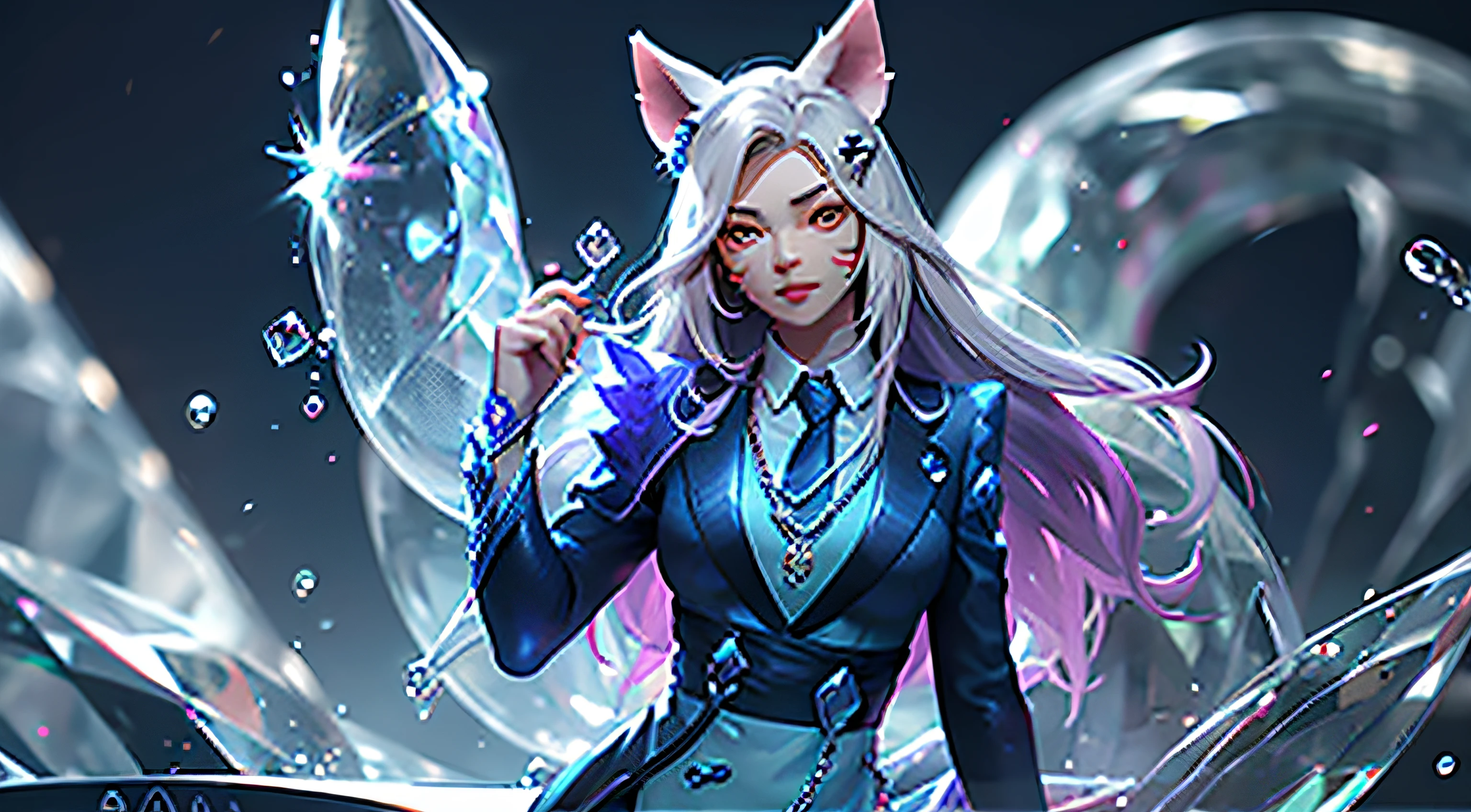 tiara, 1 girl, solo, masterpiece, high quality, perfect face skirt suit, (((dark three-piece suit))), dress shirt, necktie, blazer, suit jacket, waistcoat, bodycon skirt jewelry, earrings, blue skirt, cowboy shooting, sphere, crystal ball, 1 girl water jade tree water, a beaver, a fox \ (League of Legends), K/DA\ (League of Legends), animal ears, face markings, fox ears, fox tail, orange eyes, multiple tails, tail,