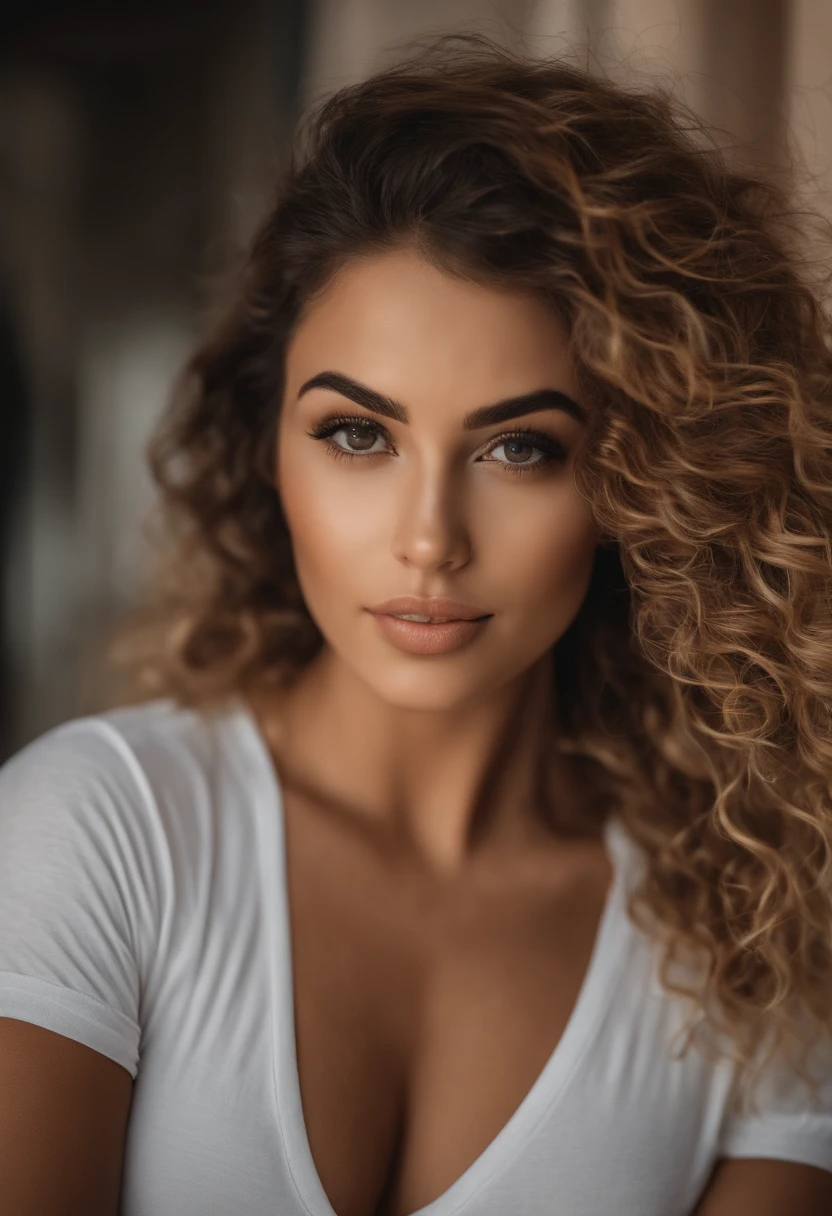 Mulher na camiseta  branca ,  sexy com olhos castanhos escuros, Retrato Latino, cabelos loiros e olhos grandes, selfie de uma jovem mulher, maquiagem natural, Look directly into the camera, Rosto com Artgram, maquiagem, Excelente foto de close-up, Em um estudio com fundo infinito,  4K, Cabelos lisos, Olhos de Dubai, sem maquiagem,