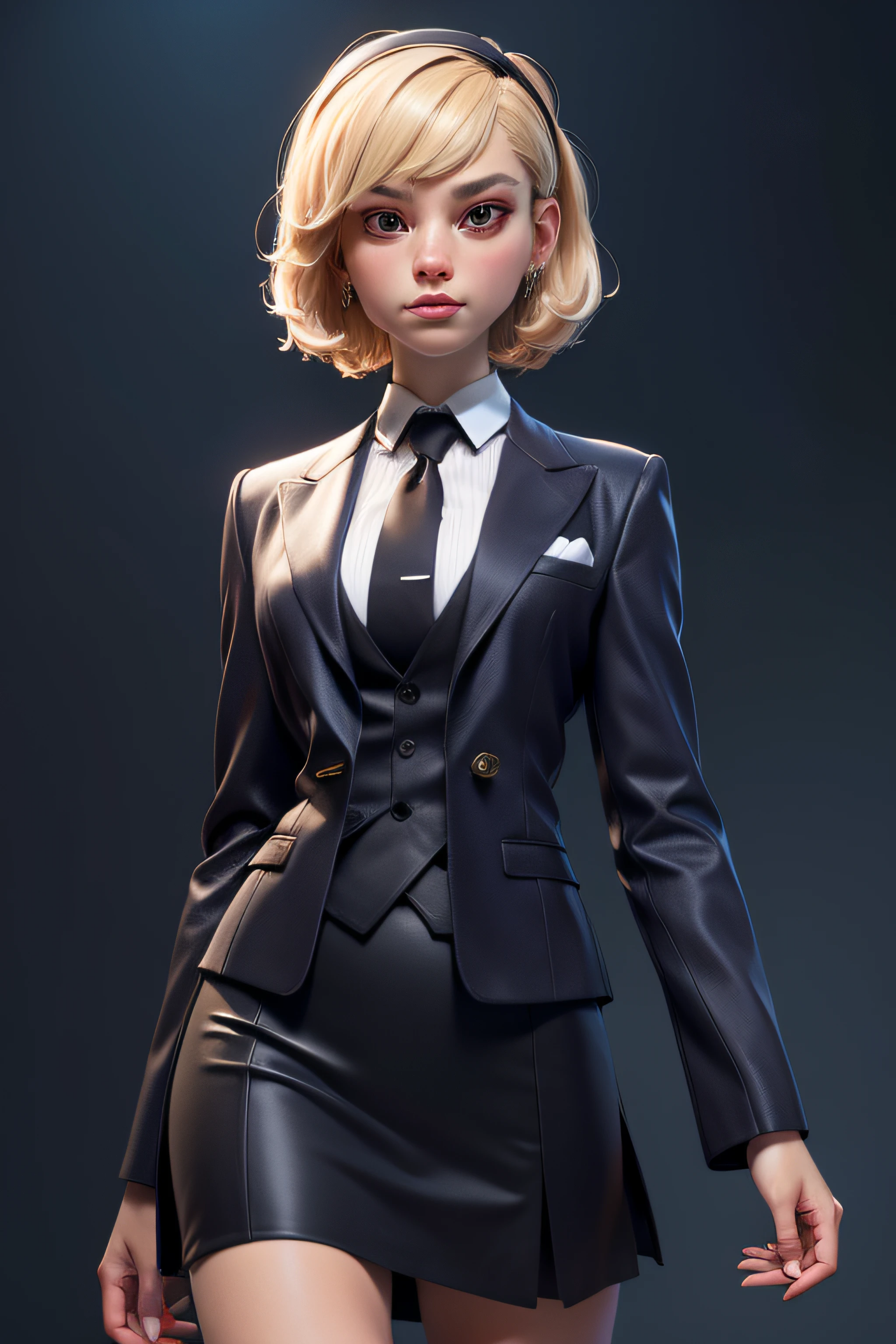 3dmm style,(masterpiece, top quality, best quality, official art, beautiful and aesthetic:1.2), (fractal art:1.3), 1girl, beautiful, high detailed, blonde hair, bobcut hair, hairband, dark lighting, serious face, looking the sky, sky, medium shot, skirt suit, (((dark three-piece suit))), dress shirt, necktie, blazer, suit jacket, waistcoat, bodycon skirt, jewelry