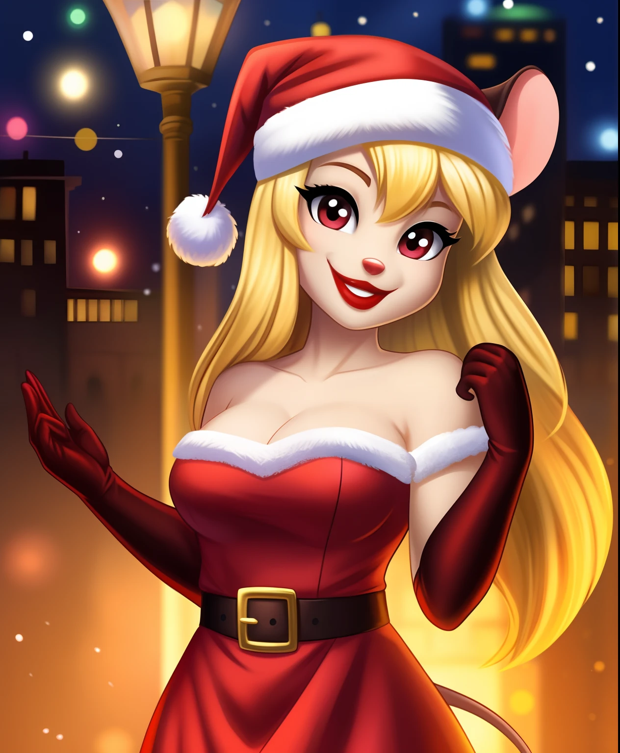 Toronto the blonde female mouse, red lipstick, smiling, Santa dress, Santa long gloves