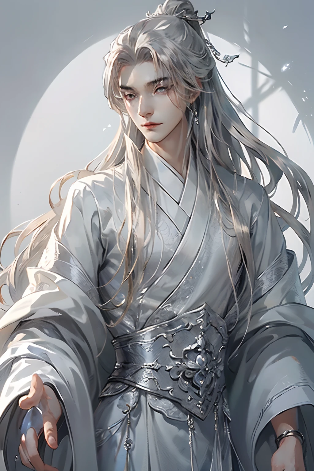 (extreamly delicate and beautiful:1.2), 8K, (tmasterpiece, best:1.0), , (LONG_silver_HAIR_MALE:1.5), Upper body body, a long_haired male, cool and seductive, evil_gaze, wears white hanfu, and intricate detailing, and intricate detailing, finely eye and detailed face, Perfect eyes, Equal eyes, Fantastic lights and shadows、white room background、 Uses backlight and rim light