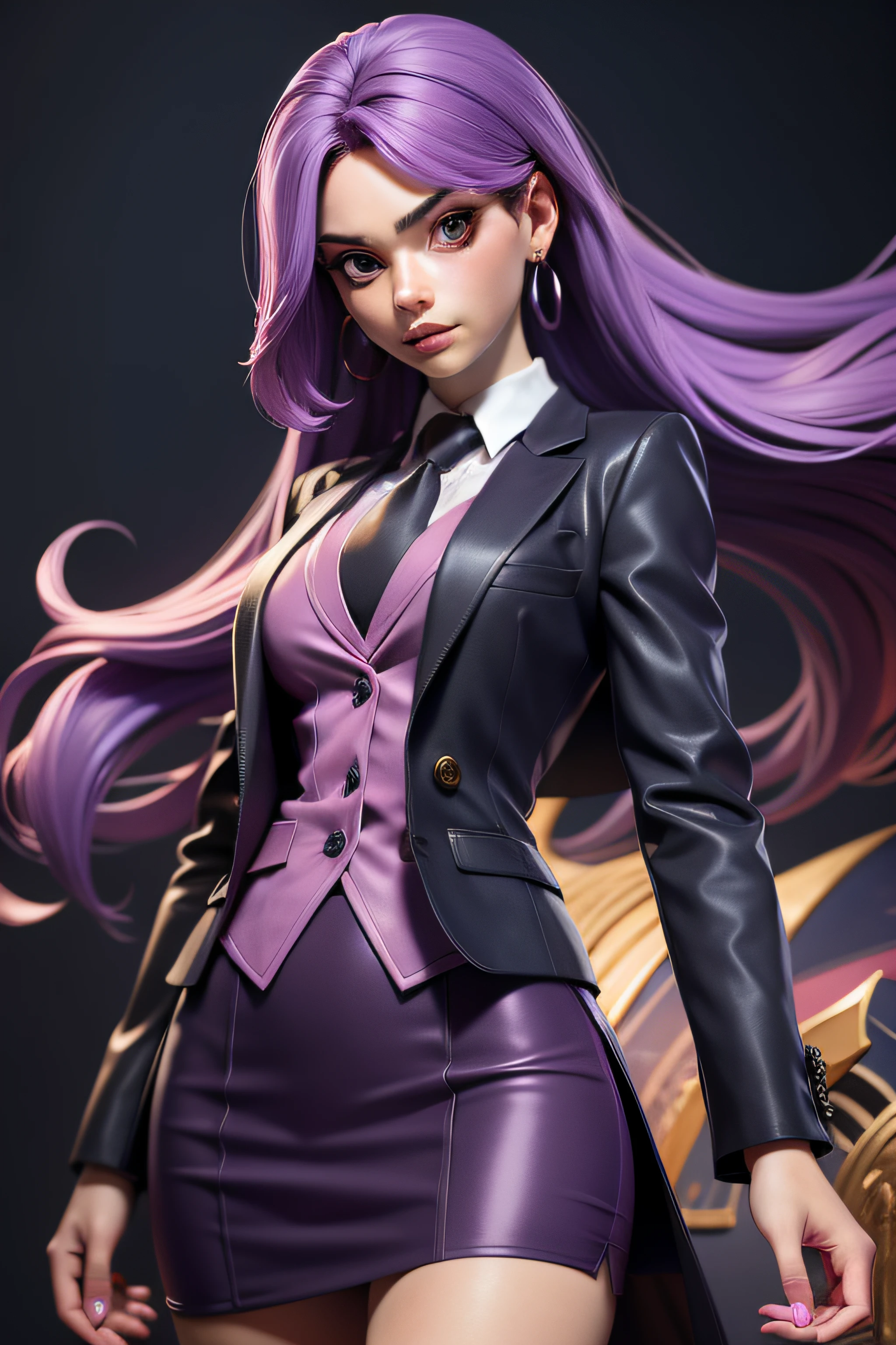 3dmm style,(masterpiece, top quality, best quality, official art, beautiful and aesthetic:1.2), (fractal art:1.3), 1girl, beautiful, high detailed, purple hair with a hint of pink, pink eyes, dark lighting, serious face, looking the sky, sky, medium shot, skirt suit, (((dark three-piece suit))), dress shirt, necktie, blazer, suit jacket, waistcoat, bodycon skirt, jewelry