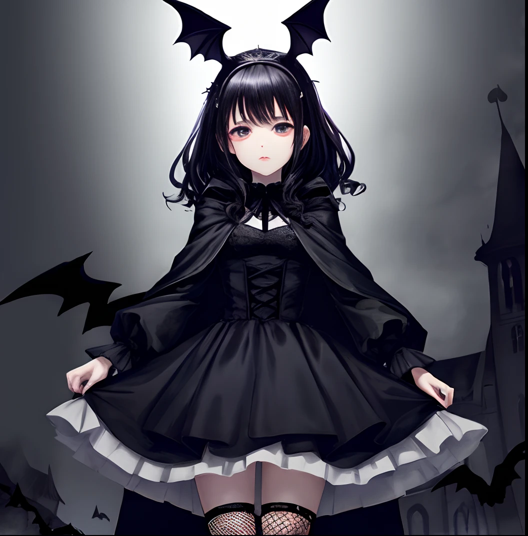 Bats
girl
Gothic ****ta
The creepy castle has a dark ****、bright and deep pair、Big mystical eyes，Eyes reveal an invincible temperament。 Curated black hair：Her hair is jet black，Can be trimmed to short or fluffy curls， Wearing some distinctive hair accessories，If there is a bat-shaped hairpin、Headgear or pins, etc、Wear black or dark purple clothing，To emphasize her dark style、Wear a black dress or black long-sleeved top and dark skirt、There may be some distinctive patterns or tattoos on the garment，Like a skeleton、serpent、crows, etc、Mysterious and eerie feeling、Do you wear black tall boots?、Combine with fishnet socks，Rebellious and solemn atmosphere、Wear a black cloak or cloak in the cold season、Delicate face、(CG Unity 8K wallpaper in extreme detail，tmasterpiece，Highest image quality)，(Delicate light and shadow，The picture is highly dramatic，Cinematic lens effect)，