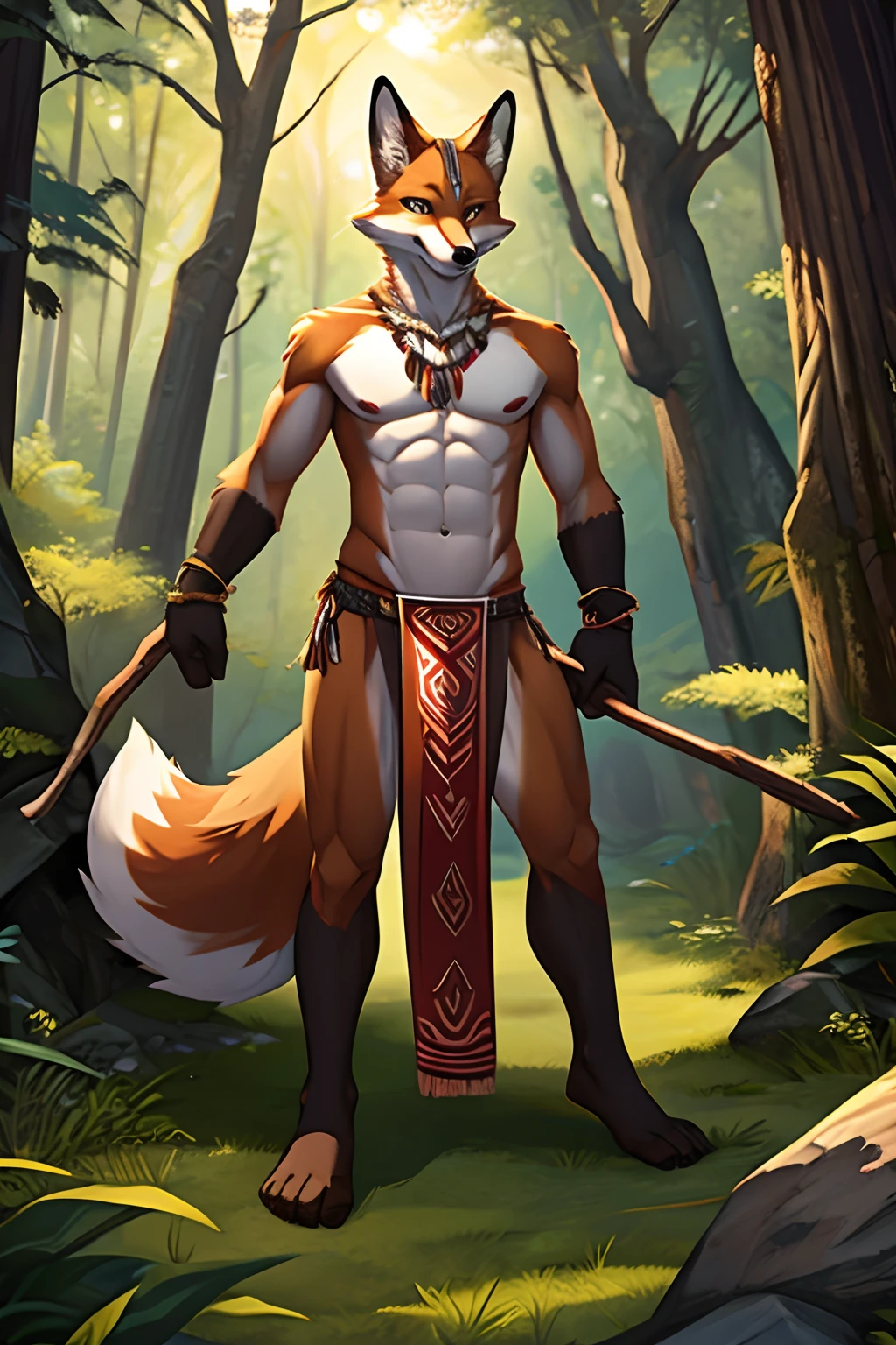 skinny male tribal fox in a loincloth in the forest