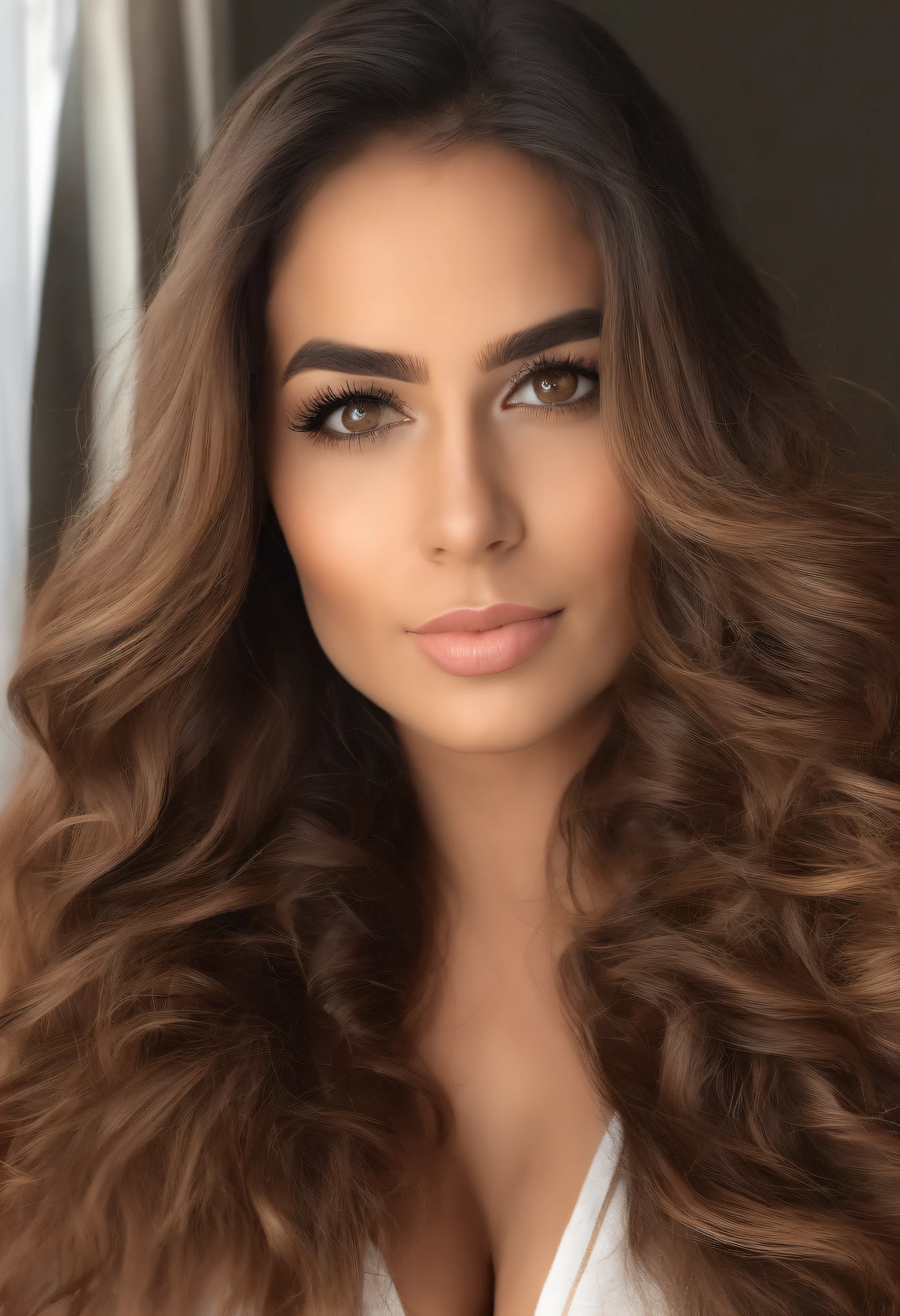 Mulher na camiseta branca , com olhos castanhos escuros, Retrato Latino, cabelos loiros e olhos grandes, selfie de uma jovem mulher, maquiagem natural, Look directly at the camera, Rosto com ArtGram, maquiagem, Excelente foto de close-up, Em um estudio com fundo infinito, 4k, Cabelos lisos, Olhos de Dubai, sem maquiagem,