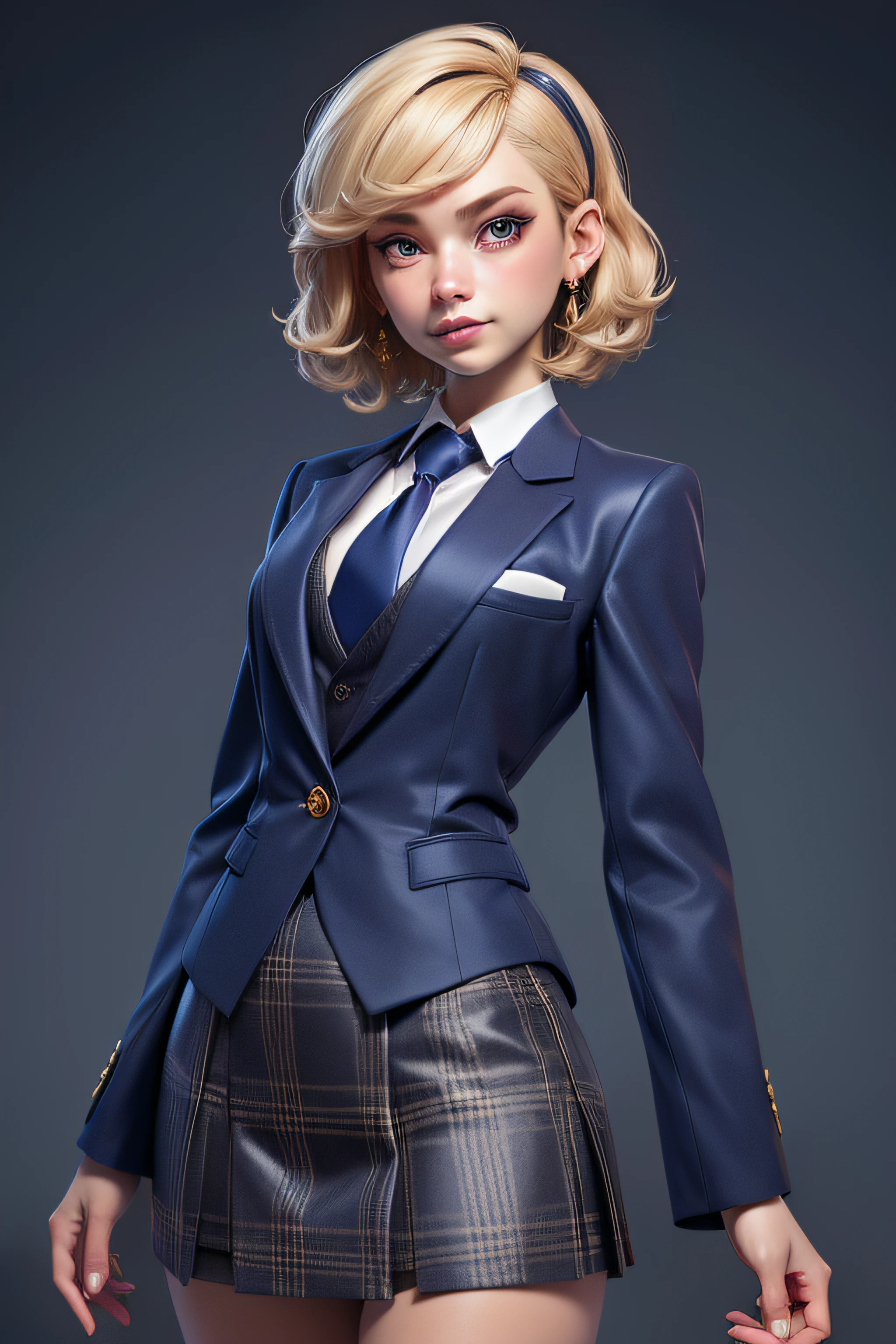 3dmm style,(masterpiece, top quality, best quality, official art, beautiful and aesthetic:1.2), (fractal art:1.3), 1girl, beautiful, high detailed, blonde hair, bobcut hair, wavy hair, hairband, makeup, eyeshadow, mascara, lipstick, dark lighting, serious face, looking the sky, sky, medium shot, grey plaid skirt suit, (((dark three-piece suit))), blue dress shirt with white collar, gold necktie, blazer, suit jacket, waistcoat, bodycon skirt, jewelry