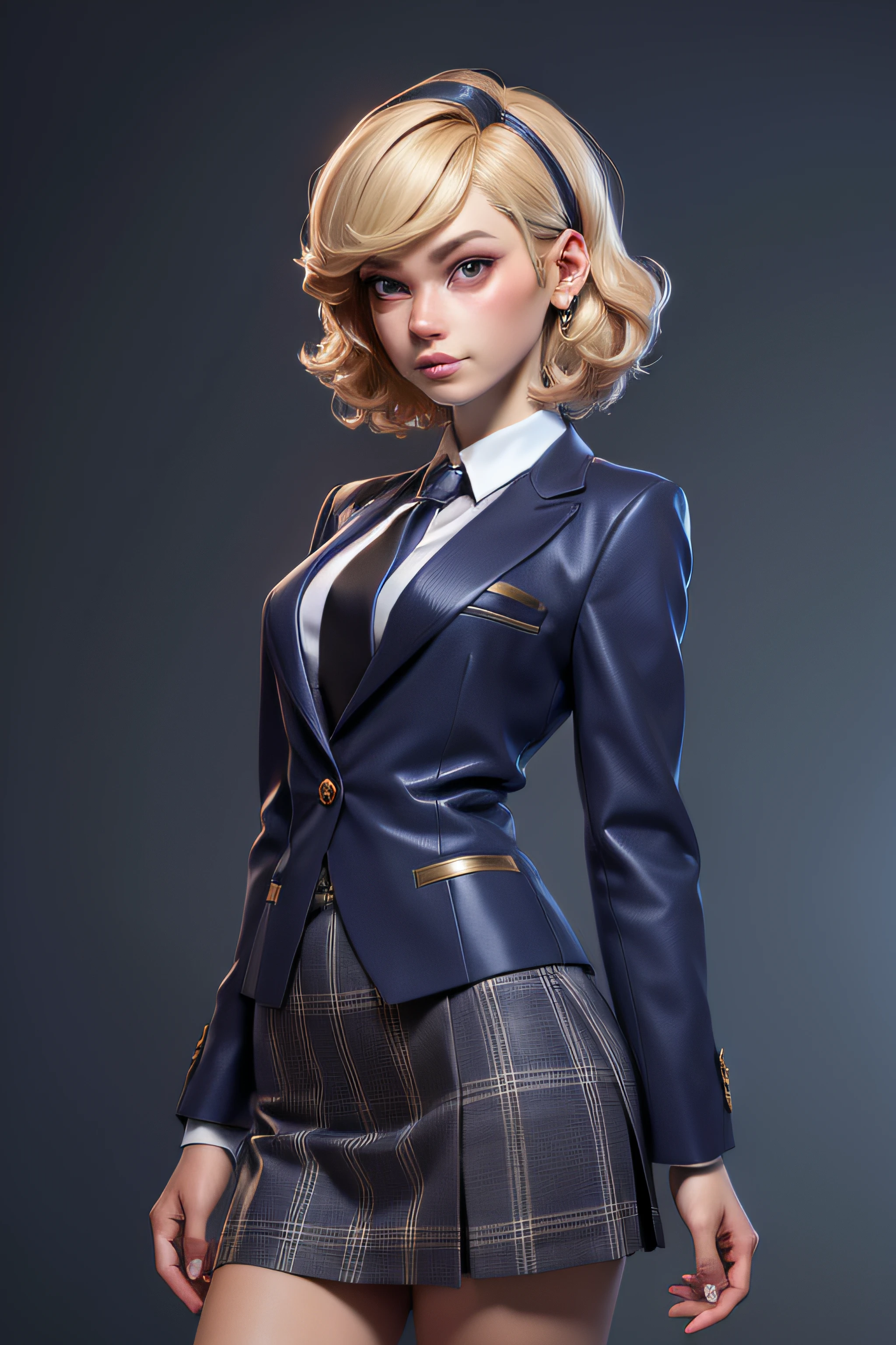 3dmm style,(masterpiece, top quality, best quality, official art, beautiful and aesthetic:1.2), (fractal art:1.3), 1girl, beautiful, high detailed, blonde hair, bobcut hair, wavy hair, hairband, makeup, eyeshadow, mascara, lipstick, dark lighting, serious face, looking the sky, sky, medium shot, grey plaid skirt suit, (((dark three-piece suit))), blue dress shirt with white collar, gold necktie, blazer, suit jacket, waistcoat, bodycon skirt, jewelry