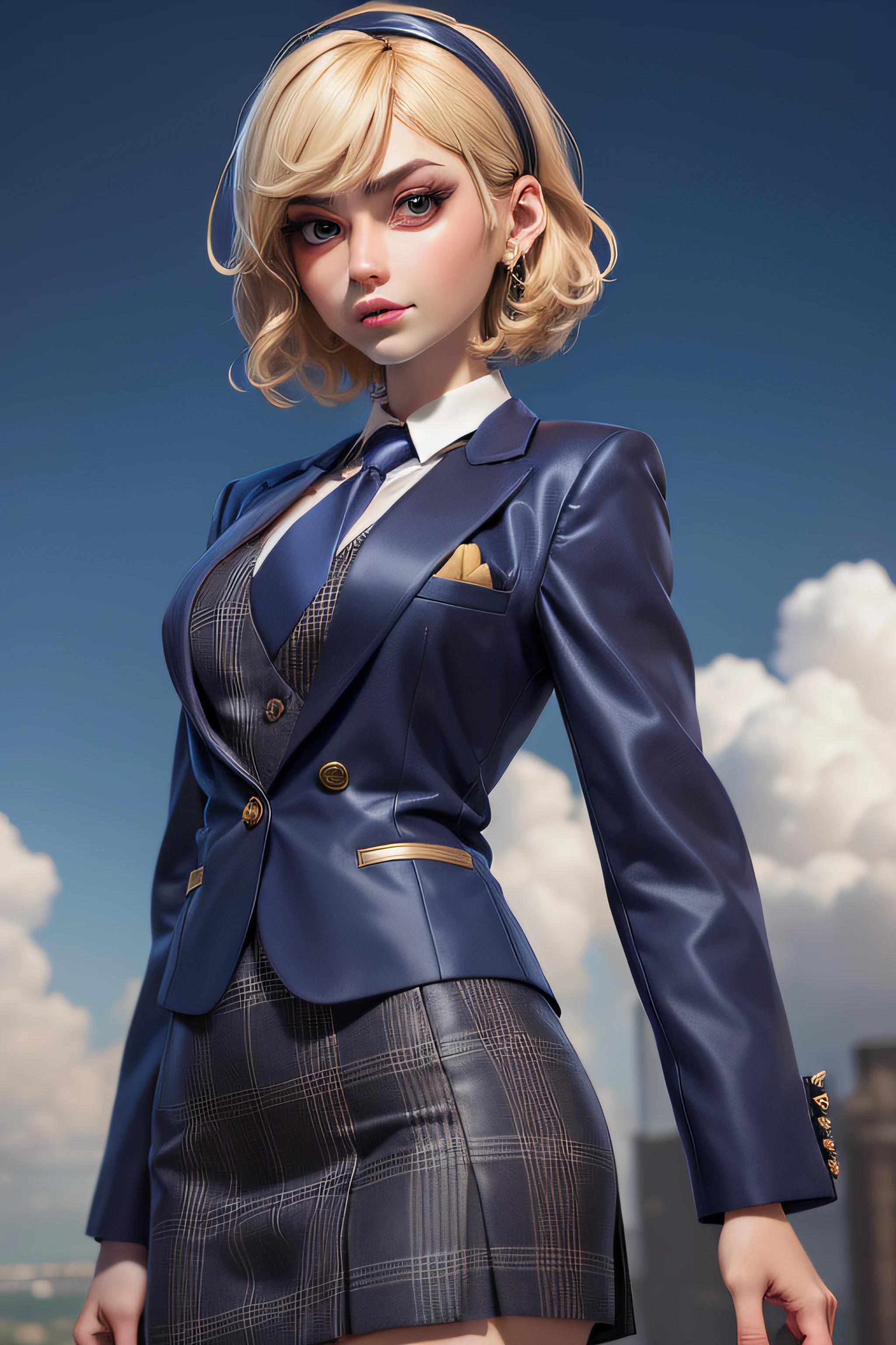 3dmm style,(masterpiece, top quality, best quality, official art, beautiful and aesthetic:1.2), (fractal art:1.3), 1girl, beautiful, high detailed, blonde hair, bobcut hair, wavy hair, hairband, makeup, eyeshadow, mascara, lipstick, dark lighting, serious face, looking the sky, sky, medium shot, grey plaid skirt suit, (((dark three-piece suit))), blue dress shirt with white collar, gold necktie, blazer, suit jacket, waistcoat, bodycon skirt, jewelry