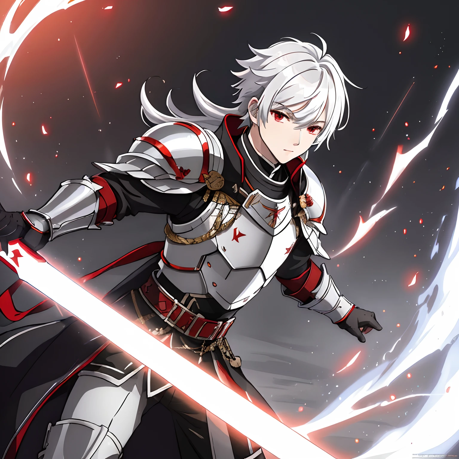 (Masterpiece,best quality:1.2),1boy,solo,white hair ,red eyes, Kuga Yuma, black armour, light swordcharacter art,8k,64k, HD, unparalleled masterpiece, dynamic lighting, cinematic, epic, highest quality digital art, Stunning art,