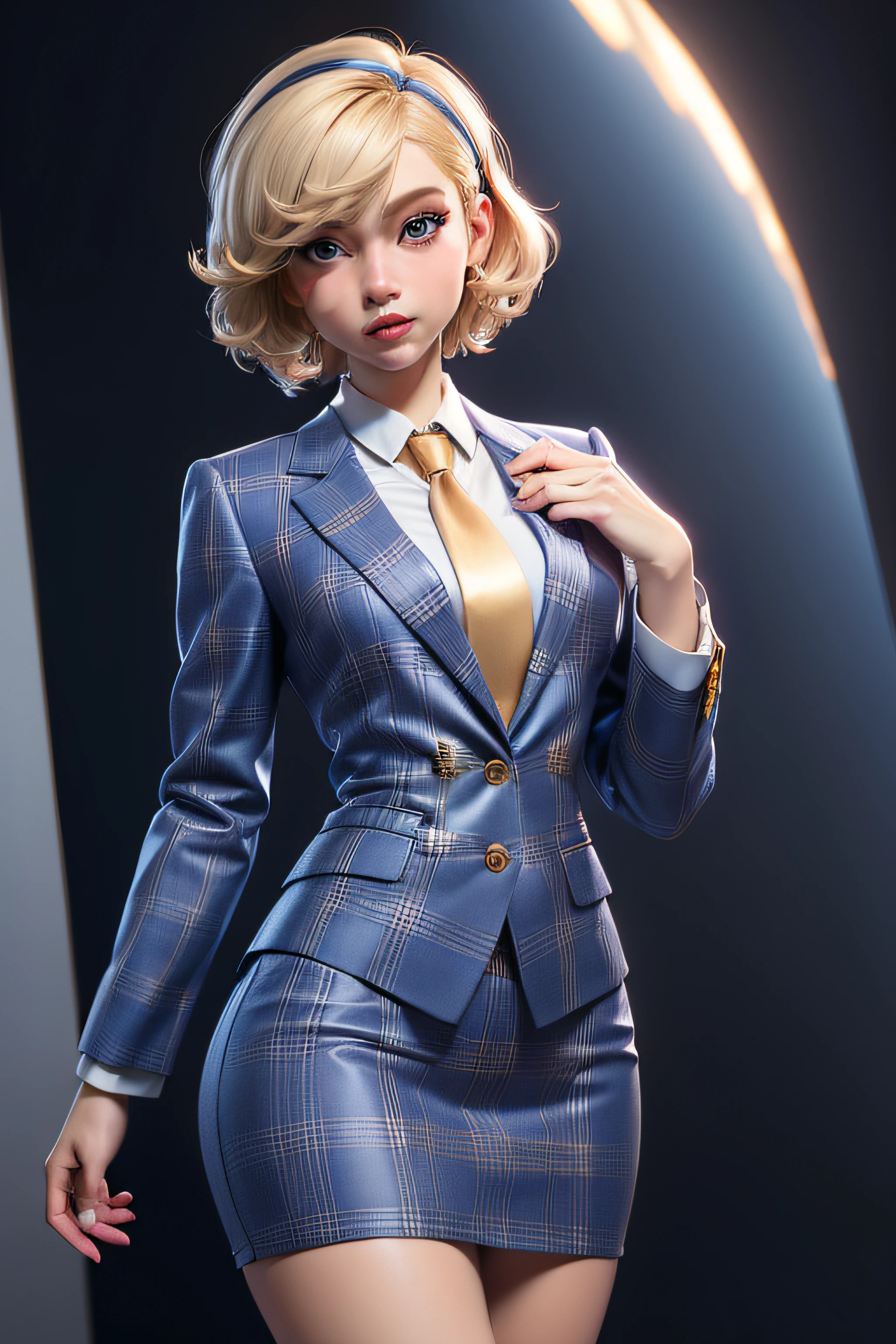 3dmm style,(masterpiece, top quality, best quality, official art, beautiful and aesthetic:1.2), (fractal art:1.3), 1girl, beautiful, high detailed, blonde hair, bobcut hair, wavy hair, hairband, makeup, eyeshadow, mascara, lipstick, dark lighting, serious face, looking the sky, sky, medium shot, grey plaid skirt suit, (((three-piece suit))), ((blue dress shirt with white collar)), ((gold necktie)), blazer, suit jacket, waistcoat, bodycon miniskirt, pencil skirt, jewelry, ahegao
