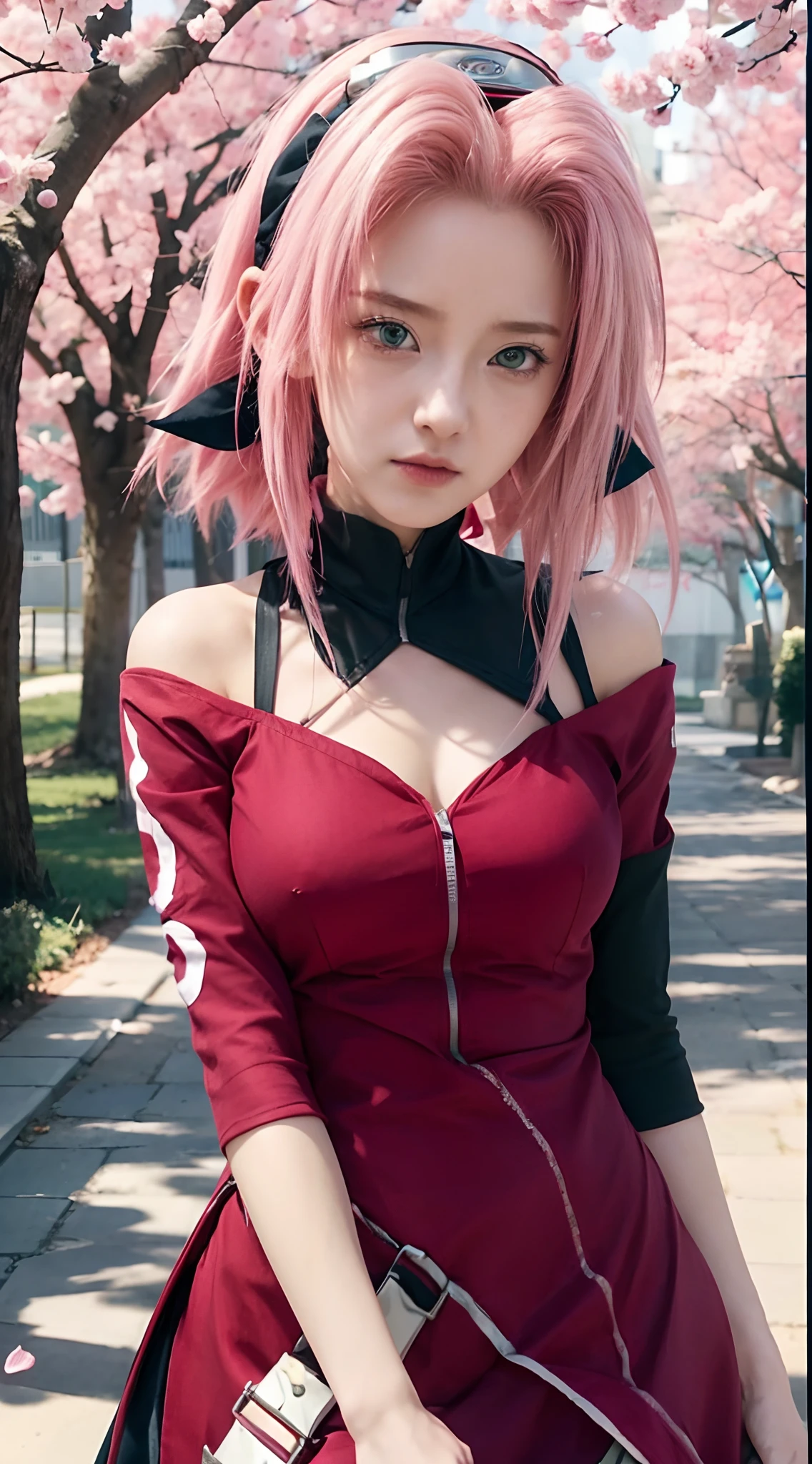 Real life adaption of this character,her name is sakura haruno from anime Naruto,she has a realistic same pink hair with a red headband, realistic same outfit, realistic same apron, beautiful korean face, she has green eyes color, realistic light, realistic shadow, realism, hyper realistic,(photorealistic:1.2), realistic background