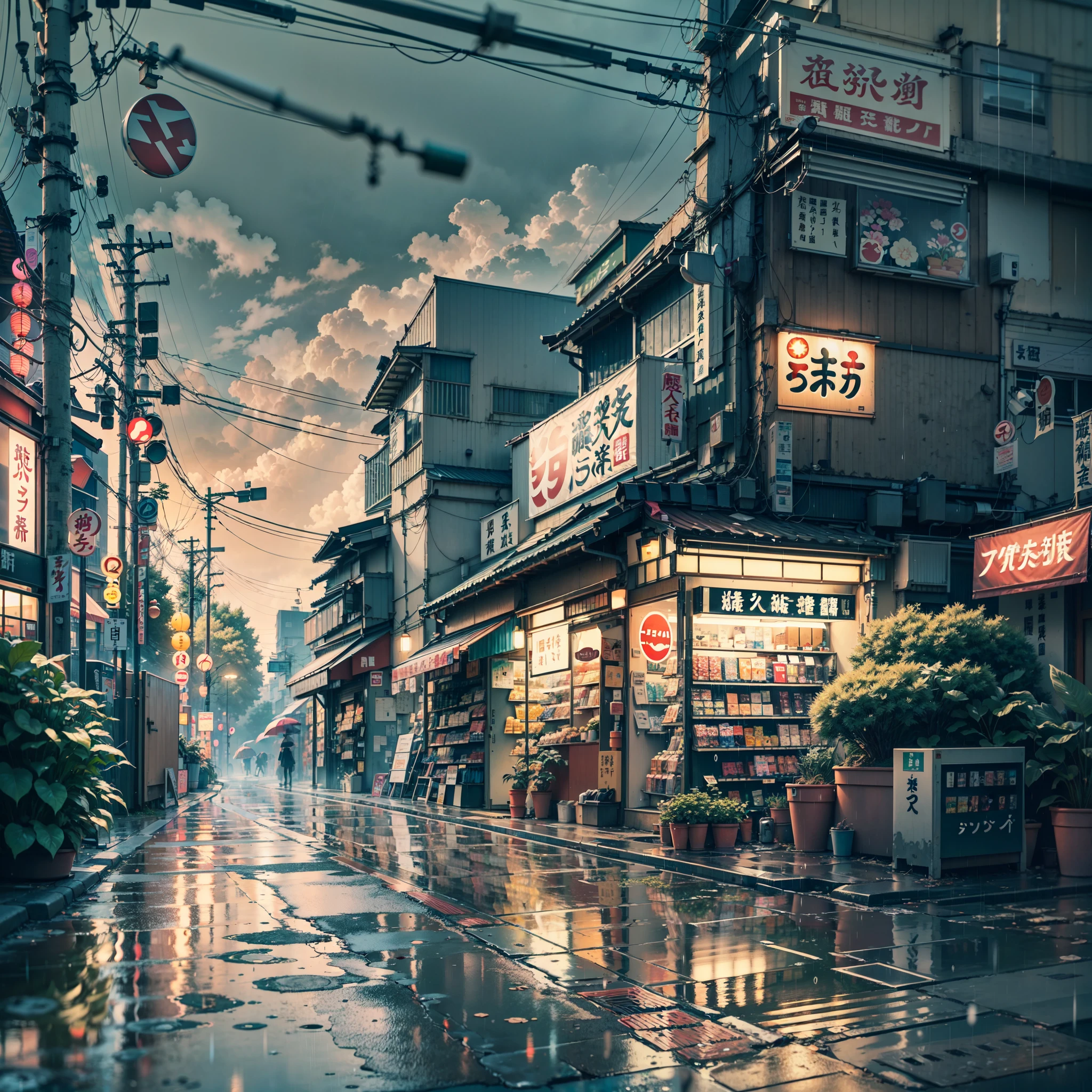 anime background, anime wallpaper, anime, anime style, lofi, lofi style, modern japanese street, modern japanese architecture, japanese convenience store, big retro japanese shop signs, retro japanese store, trees, plants, rocks, plant pots, shop signs, japanese banners, japanese signs, flags, sunrise, rain, raining, heavy rain, dramatic weather, puddles on the floor, rain falling from the sky, rain drops, empty street, no one in sight, (no one: 1), best quality, urban tokyo, compact, urban,