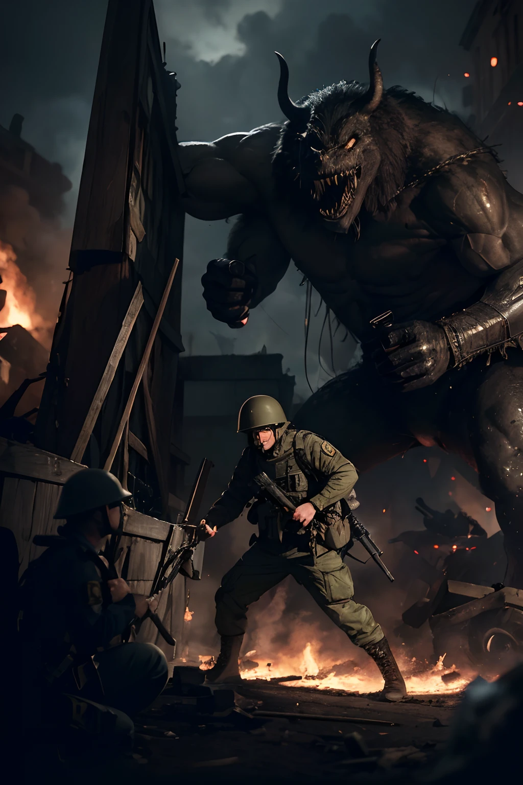 (best quality,4k,alto,master part:1.2),detalhado,(Realistic:1.37) World War II soldier guarding his position alone, Surrounded by menacing monsters, Soldier in action, terreno acidentado, smoke billowing, atmosfera sombria, Pintura de Guerra, soldado em perigo, High contrast lighting, Shadows Dramatic, Fear and bravery on display, criaturas monstruosas com garras e presas afiadas, Expression of a Determined Soldier, uniforme rasgado e esfarrapado, Botas lisas, Pliers in the right hand, Heroism in adversity, Caos e perigo, medo e incerteza, luta desesperada, atmosphric perspective, Ominous skies, estruturas destruidas, paisagem devastada pela guerra, cortando arame farpado, buildings on fire, cadaver de soldados mortos.