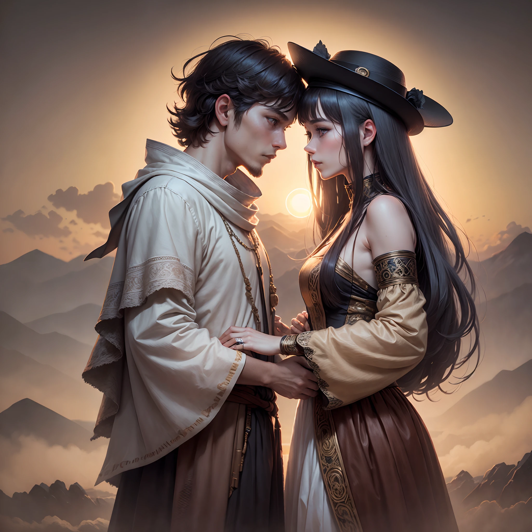 woodcut art, vast horizon, warm evening tones, cordel style, backlands art, drawing, Mary and Joseph with characteristic hats, standing, annular eclipse in the sky, majestic and radiant moon, partially covering the sun, dramatic contrast between light and darkness, expressive details on the couple's faces, emphasis on traditional clothing, minute details in the representation of the eclipse. --auto --s2