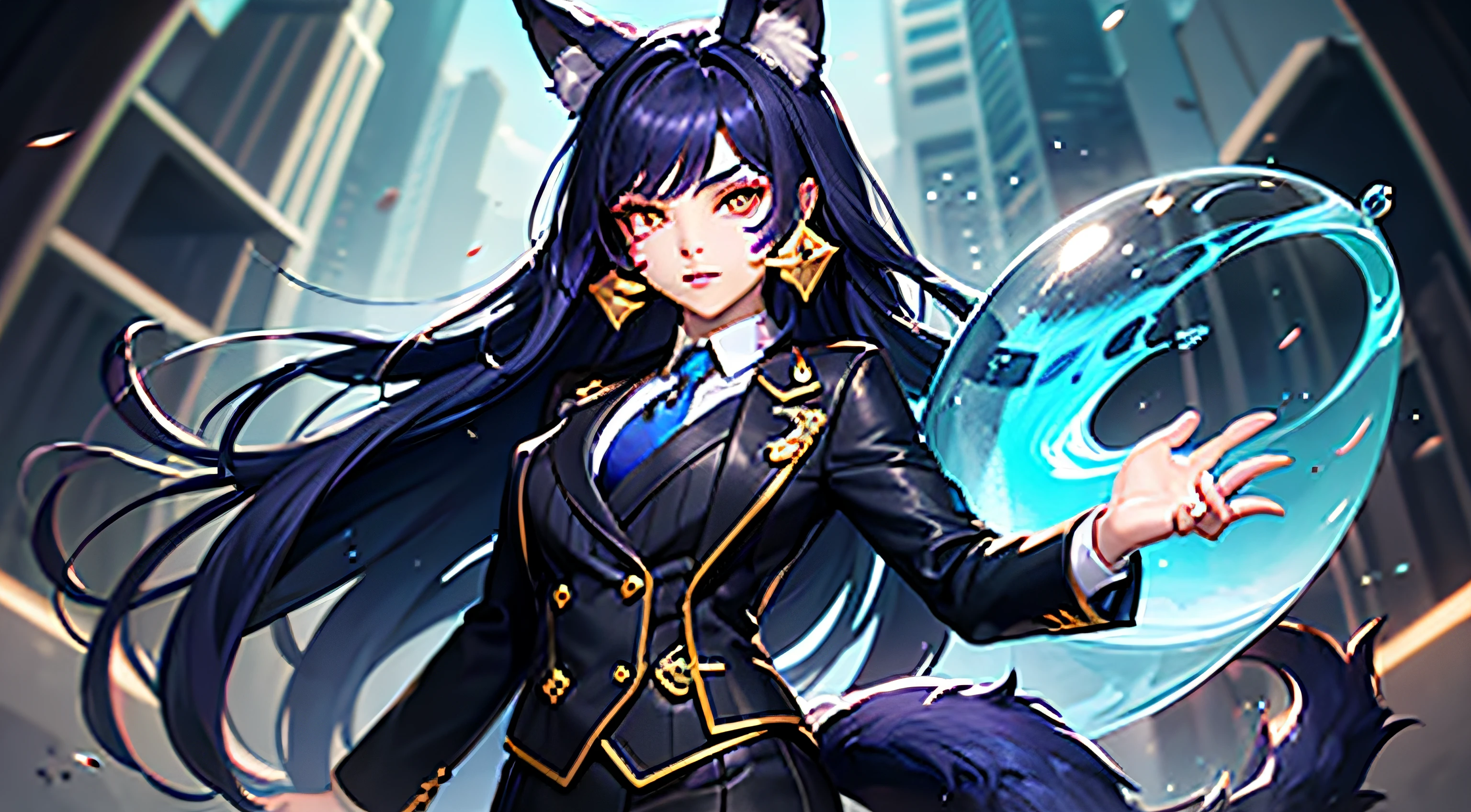 tiara, 1 girl, solo, masterpiece, high quality, perfect face skirt suit, (((dark three-piece suit))), dress shirt, necktie, blazer, suit jacket, waistcoat, bodycon skirt jewelry, earrings, blue skirt, cowboy shooting, sphere, crystal ball, 1 girl water jade tree water, a beaver, a fox \ (League of Legends), K/DA\ (League of Legends), animal ears, face markings, fox ears, fox tail, orange eyes, multiple tails, tail,