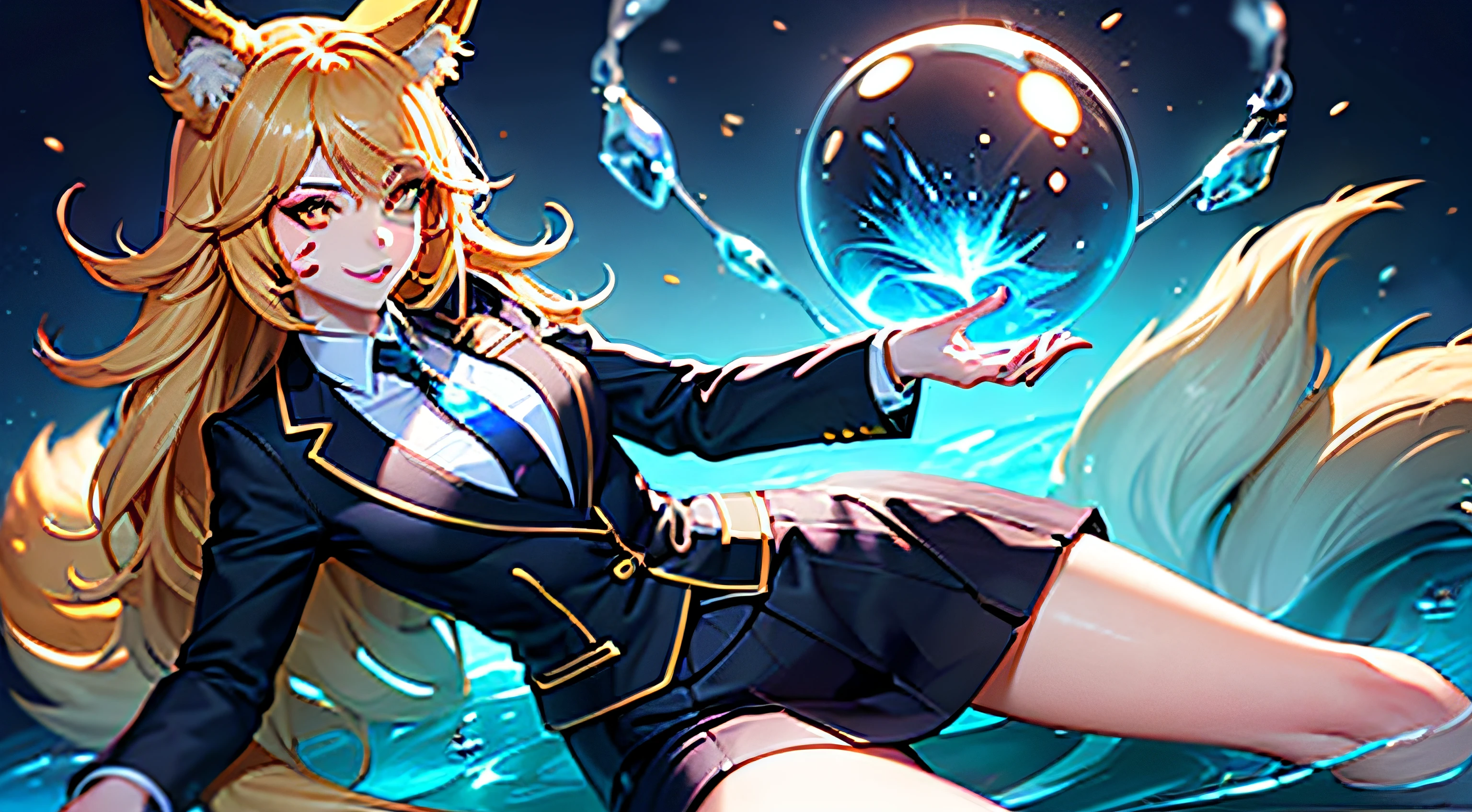 tiara, 1 girl, solo, masterpiece, high quality, perfect face skirt suit, (((dark three-piece suit))), dress shirt, necktie, blazer, suit jacket, waistcoat, bodycon skirt jewelry, earrings, blue skirt, cowboy shooting, sphere, crystal ball, 1 girl water jade tree water, a beaver, a fox \ (League of Legends), K/DA\ (League of Legends), animal ears, face markings, fox ears, fox tail, orange eyes, multiple tails, tail,