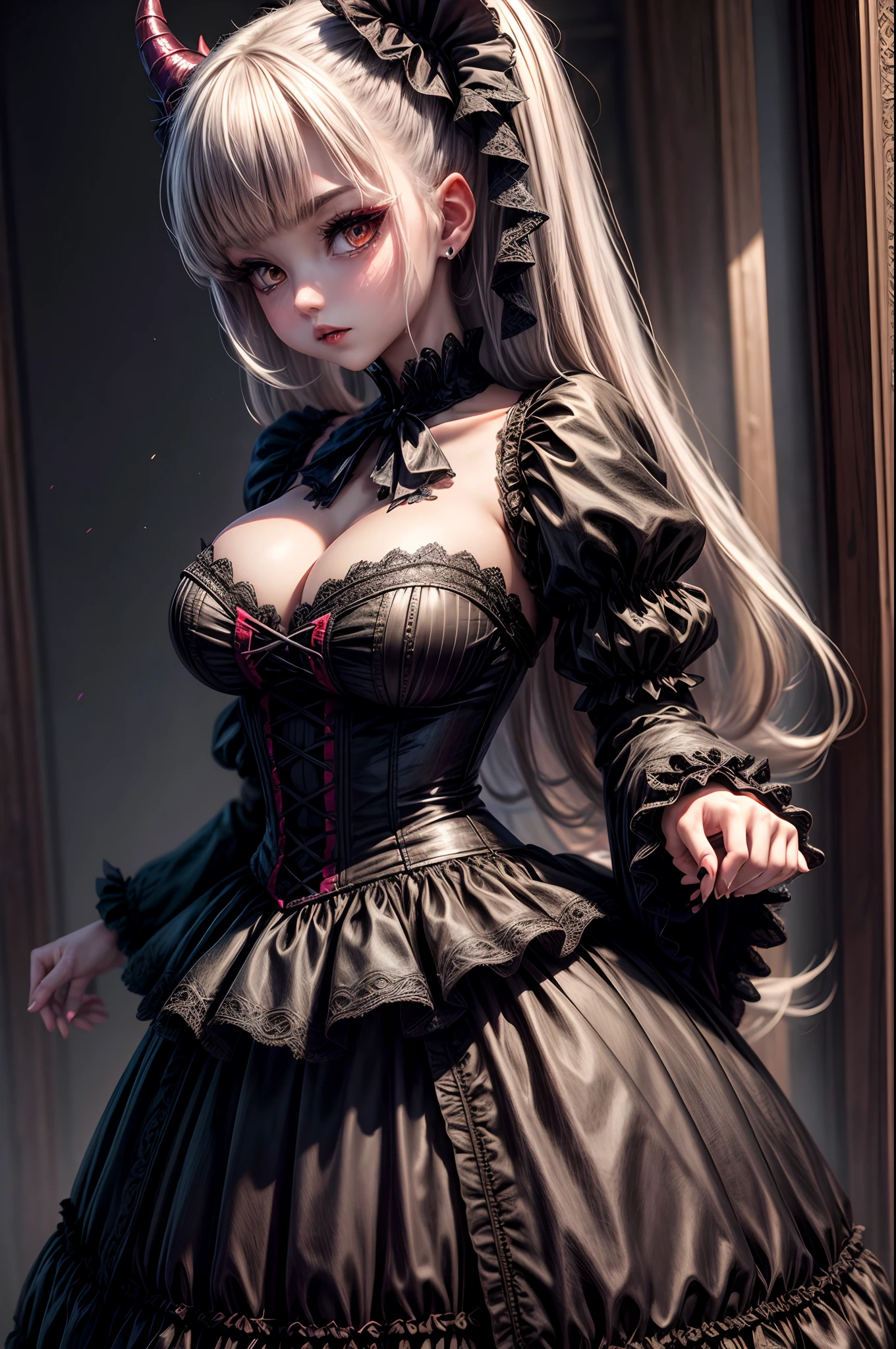 8K, ultradetailed, masterpiece, demon lolita woman, big brests, thin waist, evil enviroment, sexy cute dress, neutral expression, gothic enviroment