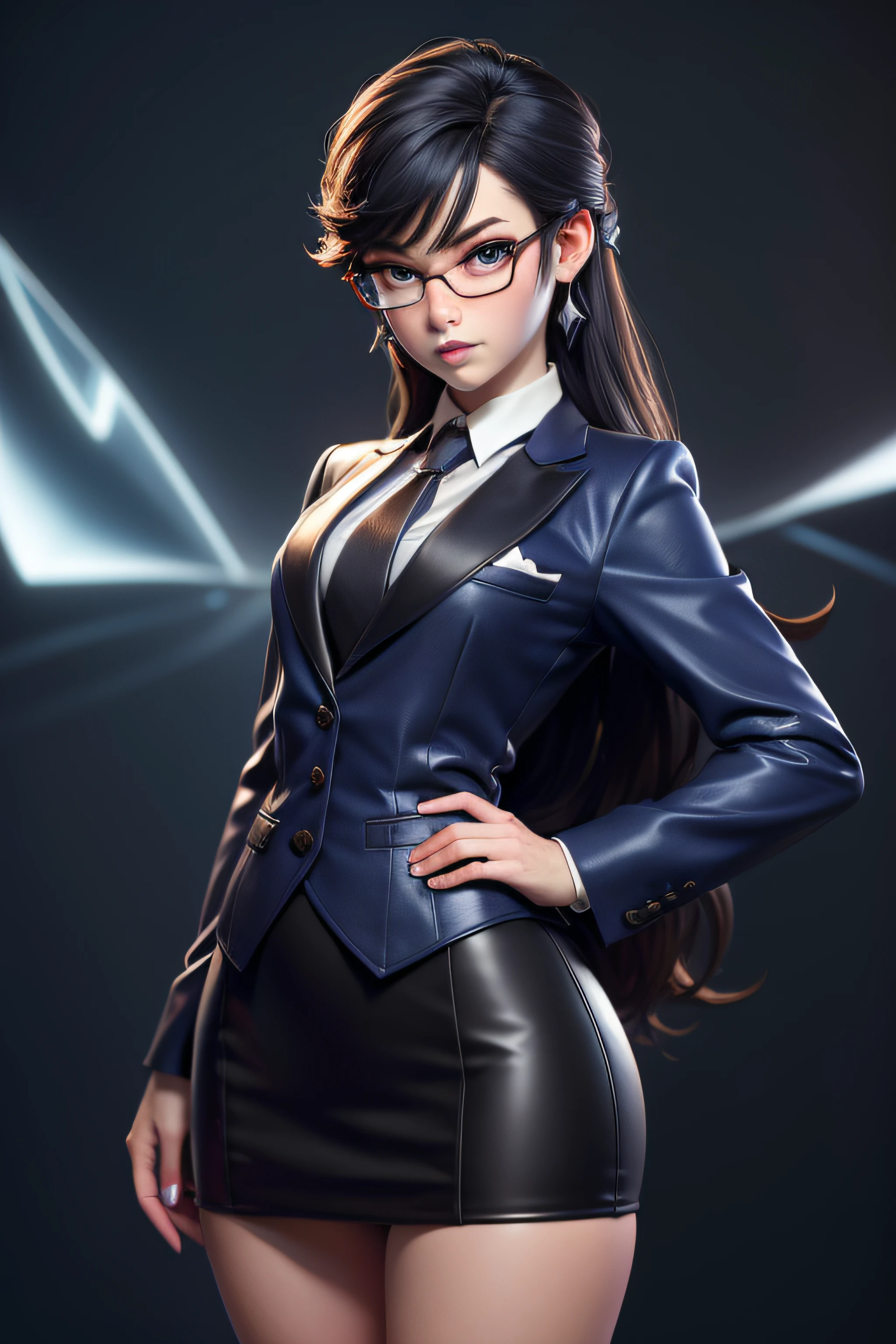 3dmm style,(masterpiece, top quality, best quality, official art, beautiful and aesthetic:1.2), (fractal art:1.3), 1girl, beautiful, high detailed, weiss schnee, makeup, eyeshadow, mascara, lipstick, dark lighting, serious face, looking the sky, sky, medium shot, skirt suit, (((three-piece suit))), ((dress shirt)), ((necktie)), blazer, suit jacket, waistcoat, bodycon miniskirt, pencil skirt, jewelry, hands on hips, tsundere, grumpy, thick frame glasses, biting lip