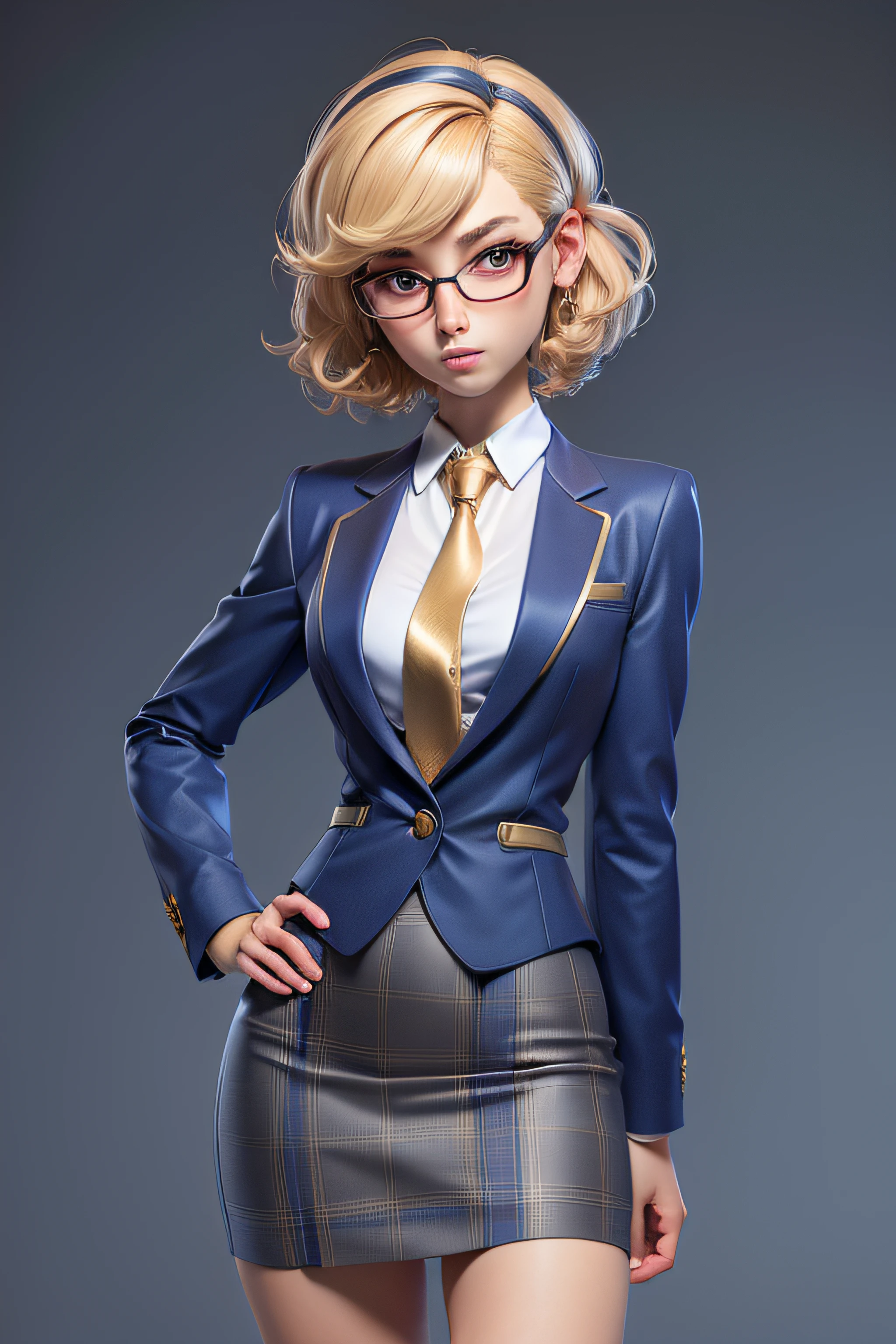 3dmm style,(masterpiece, top quality, best quality, official art, beautiful and aesthetic:1.2), (fractal art:1.3), 1girl, beautiful, high detailed, blonde hair, bobcut hair, wavy hair, hairband, makeup, eyeshadow, mascara, lipstick, dark lighting, serious face, looking the sky, sky, medium shot, grey plaid skirt suit, (((three-piece suit))), ((blue dress shirt with white collar)), ((gold necktie)), blazer, suit jacket, waistcoat, bodycon miniskirt, pencil skirt, jewelry, hands on hips, tsundere, grumpy, thick frame glasses