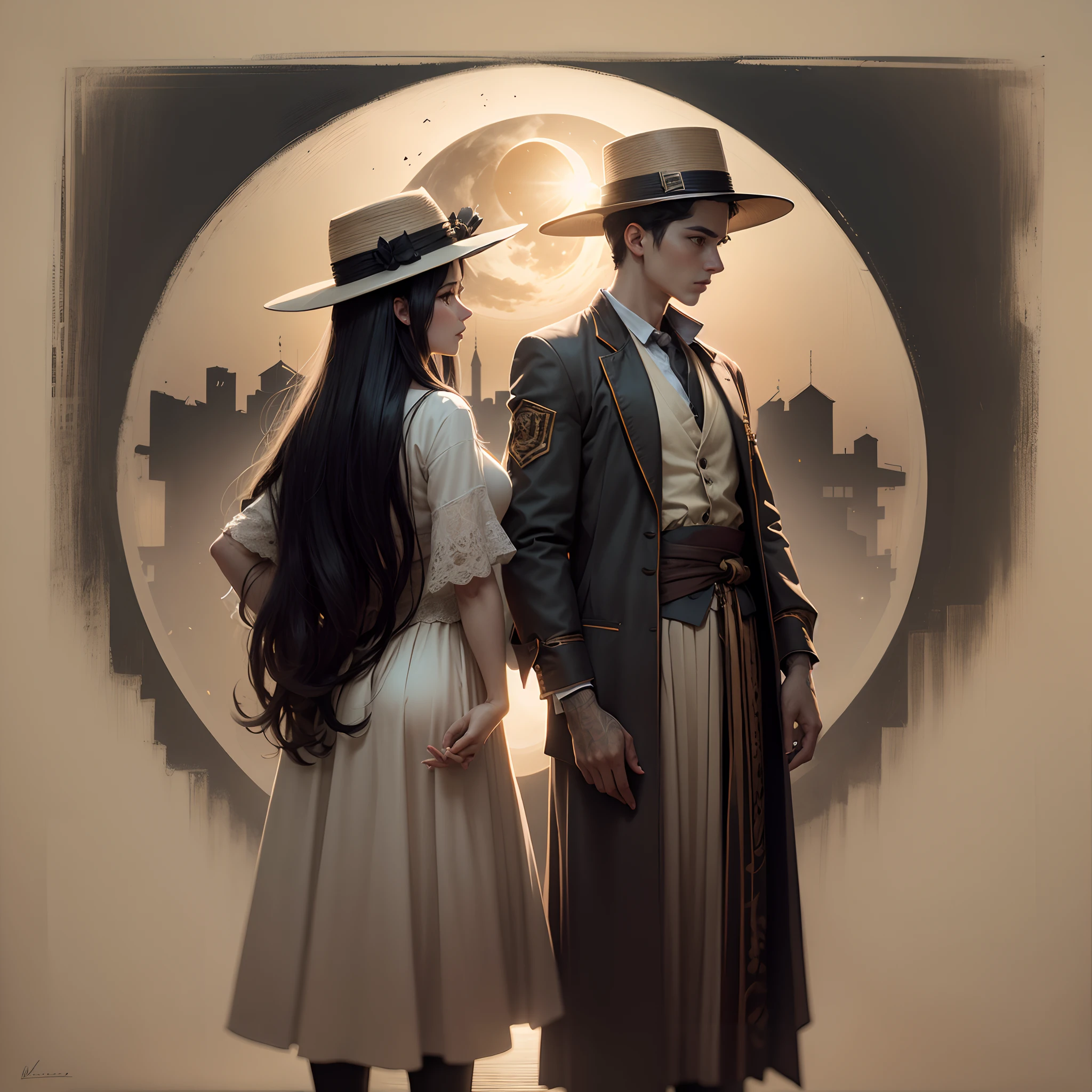 woodcut art, vast horizon, warm evening tones, cordel style, backlands art, drawing, Mary and Joseph with characteristic hats, standing, annular eclipse in the sky, majestic and radiant moon, partially covering the sun, dramatic contrast between light and darkness, expressive details on the couple's faces, emphasis on traditional clothing, minute details in the representation of the eclipse. --auto --s2