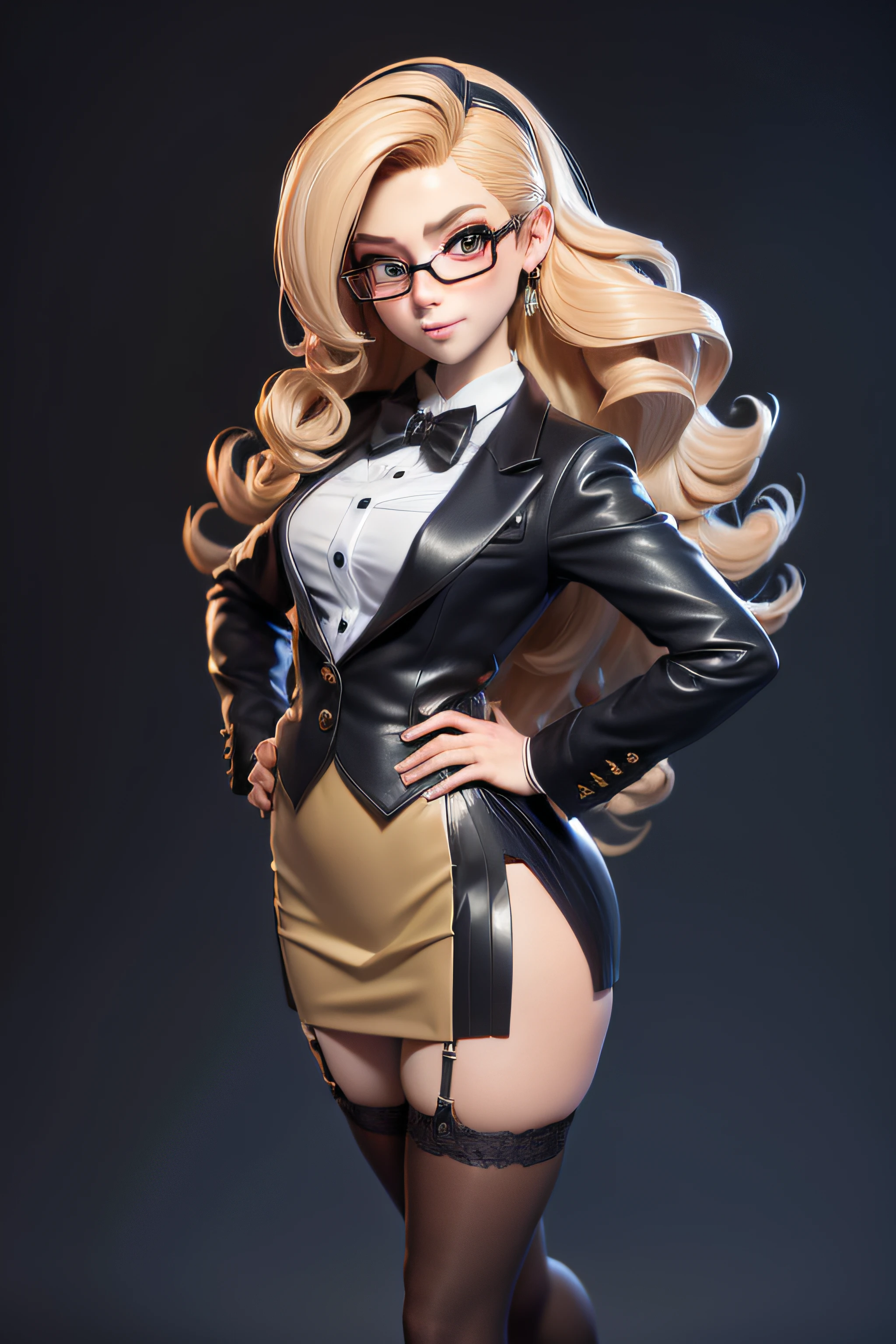 3dmm style,(masterpiece, top quality, best quality, official art, beautiful and aesthetic:1.2), (fractal art:1.3), 1girl, beautiful, high detailed, blonde hair, long hair, wavy hair, hairband, makeup, eyeshadow, mascara, lipstick, dark lighting, serious face, looking the sky, sky, medium shot, black skirt suit, (((tuxedo))), ((dress shirt)), ((bowtie)), blazer, suit jacket, waistcoat, bodycon miniskirt, pencil skirt, jewelry, hands on hips, tsundere, grumpy, thick frame glasses, biting lip, stockings, high heels, white gloves