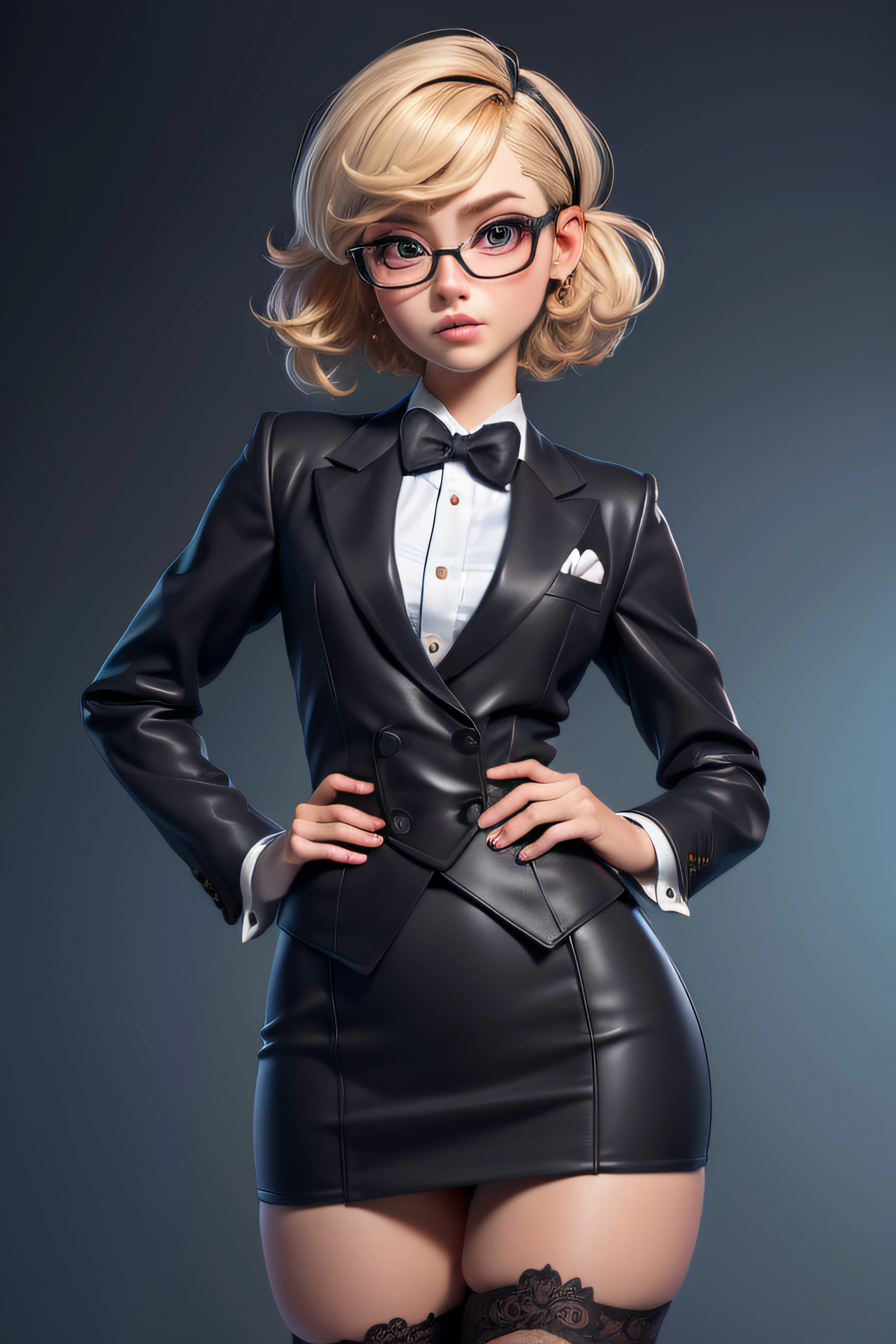 3dmm style,(masterpiece, top quality, best quality, official art, beautiful and aesthetic:1.2), (fractal art:1.3), 1girl, beautiful, high detailed, blonde hair, bobcut hair, wavy hair, hairband, makeup, eyeshadow, mascara, lipstick, dark lighting, serious face, looking the sky, sky, medium shot, black skirt suit, (((tuxedo))), ((dress shirt)), ((bowtie)), blazer, suit jacket, waistcoat, bodycon miniskirt, pencil skirt, jewelry, hands on hips, tsundere, grumpy, thick frame glasses, biting lip, stockings, high heels