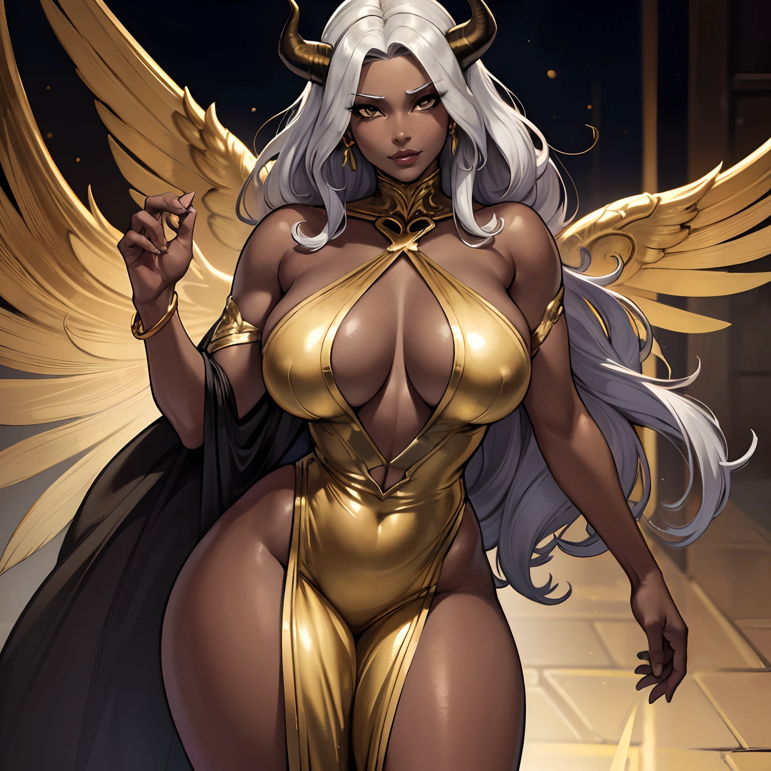 (best quality,4k,8k,highres,masterpiece:1.2), ultra-detailed, (realistic,photorealistic,photo-realistic:1.37), mature ebony-skinned female with long flowing silver hair, wearing a golden gilded form-fitting skimpy golden dress, curvy, has large black demon wings, has demonic horns, alluring gaze, dark skin tone, ebony skin tone, golden dress, dress made of gold