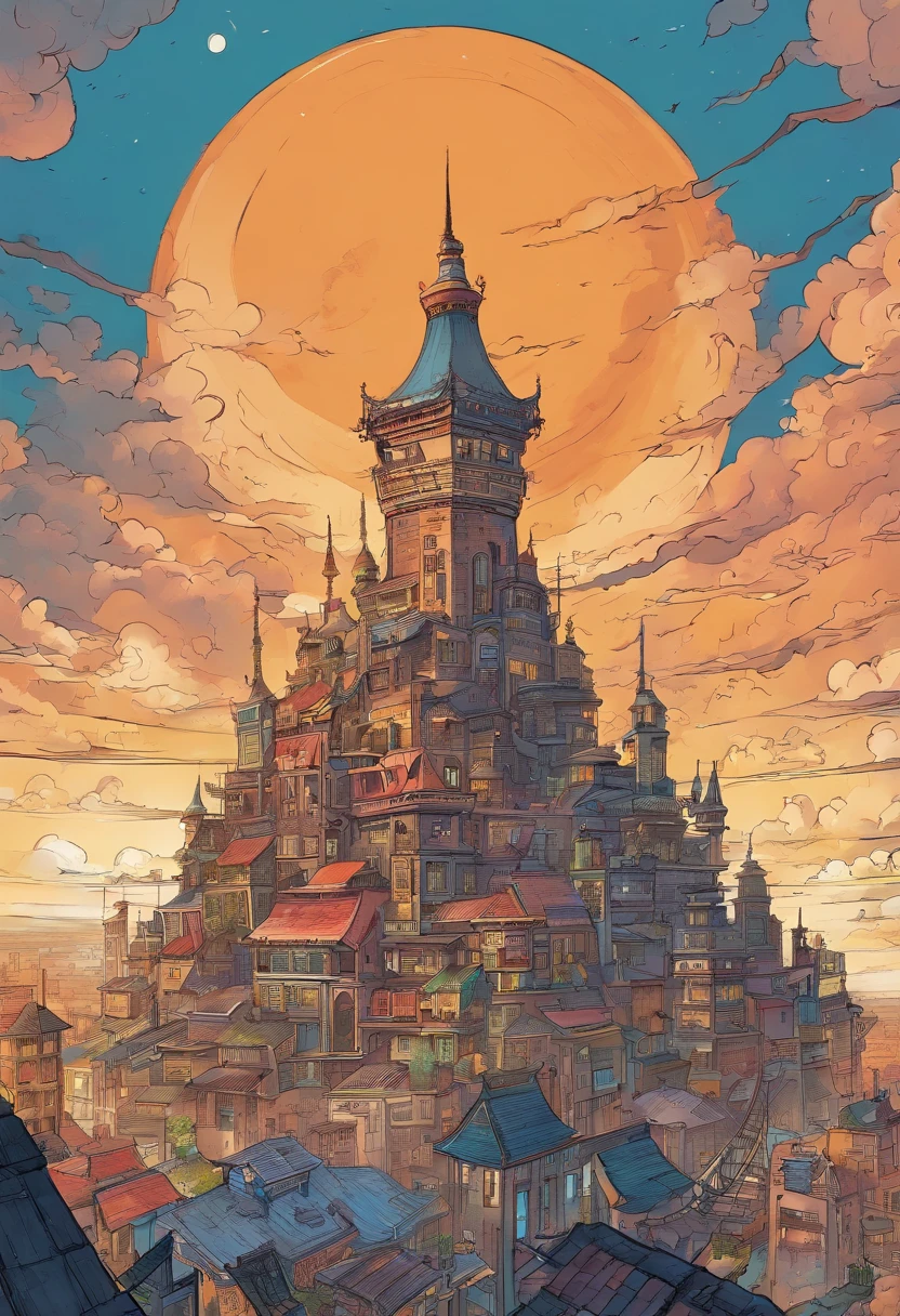 Chinese ink style, Steampunk world, musical studio in steampunk spaceship, Suspended in the air of the city, thick clouds, Animation art in ink, Comic ink art, Water ink, ink, stain, 8k, Delicately portrayed, Works by conductors, a city view. There are wizard towers, portals and flying creatures in this city. The angle we are looking at has ugly statues in the windows of the most extensive buildings. A huge wizard skyscraper looms in the distance.