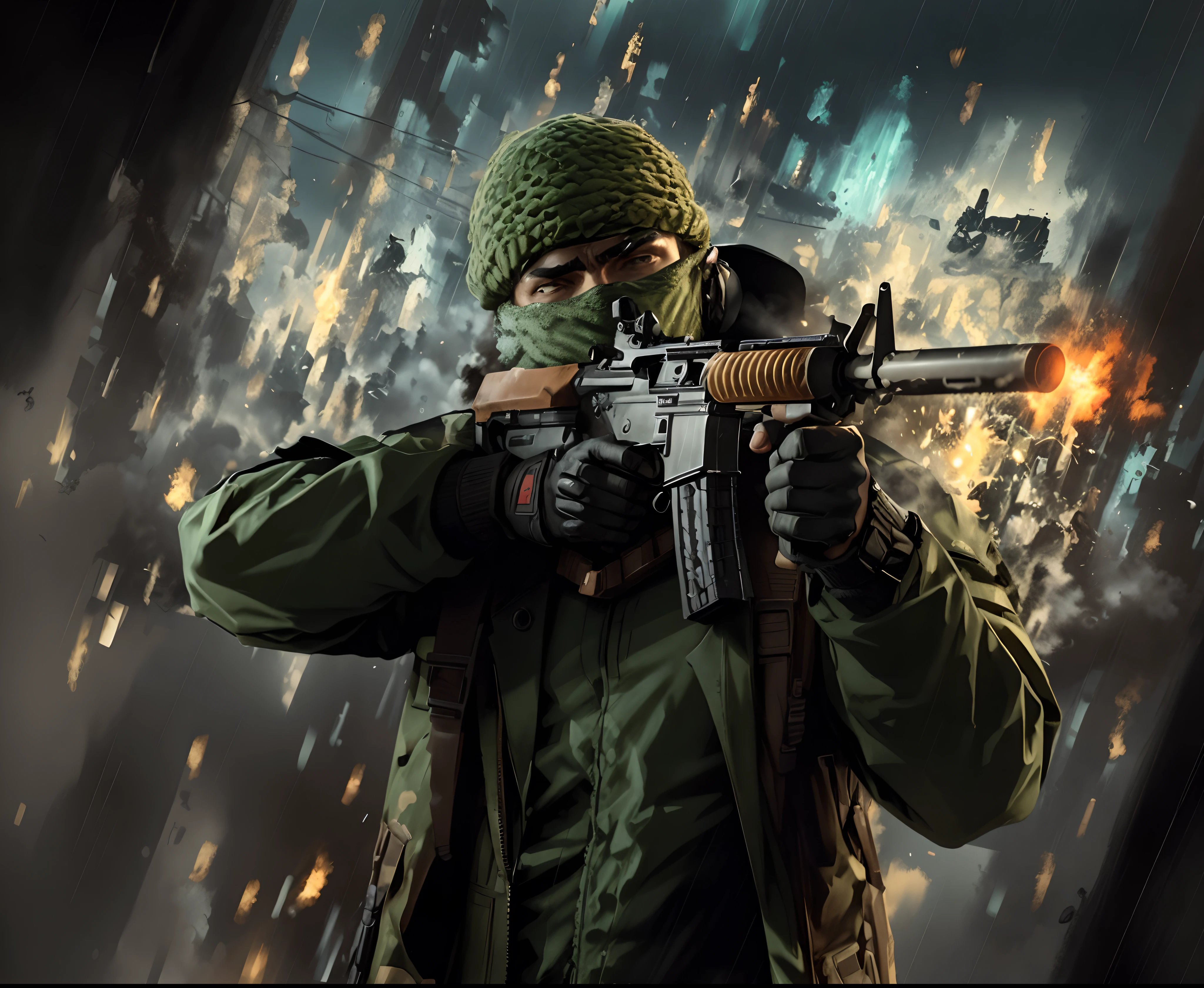 arafed man in a green hat holding a gun in the rain, wielding assault rifle, airsoft cqb, airsoft close quarter combat, dramatic action photography, a soldier aiming a gun, man is carrying a rifle, 3rd person shooter, dramatic wielding gun pose, military photography, urban warfare, fps shooter game, military weaponry, airsoft gun, profile shot, , concept art like ernest khalimov, character art the contra, expert high detail concept art, apex legends character, kane from command & conquer, official character art, in style of apex legends, frostbite 3 rendered, muzzle flash