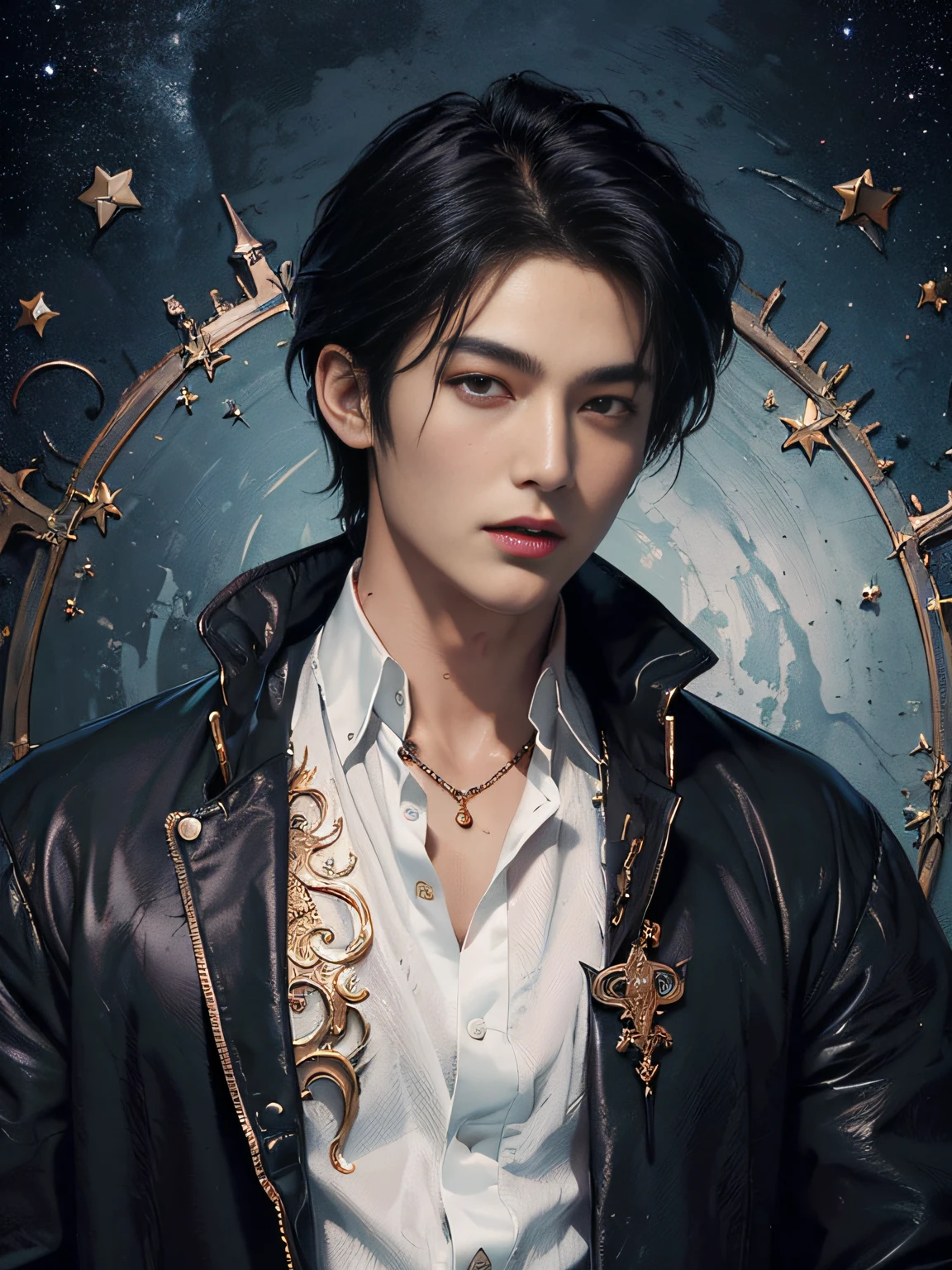 (masterpiece、top-quality、top-quality、Detailed and complex、official art、aesthetically pleasing:1.3)、(1 blackhaired male vampire in:1.3)、(Lee Min Ho look) (realistic art:1.3)、black coat, white shirt, gold accessories, gothic castle background. Moon and stars background