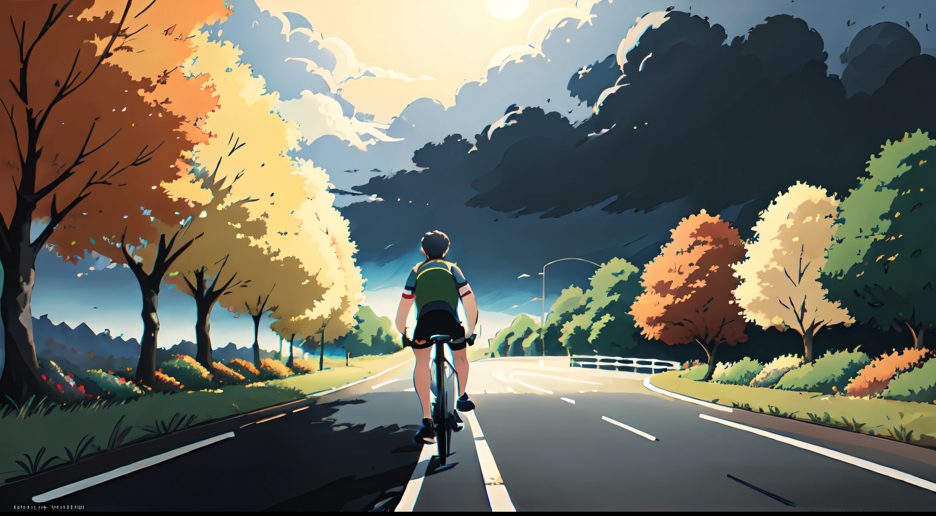 (cycliste seul: 1.5), (Realistic bike: 1.5), (realistic cyclist: 1.5), Plan en gros plan, Le meilleur des meilleurs, automne, nuit, Dark Skies, Orange leaves, Feuilles qui tombent, Landscaped background, ombres, contraste, Makoto Shinkai (beste-Qualit:1.3), (high resolucion:1) Art par Studio Ghibli Style, impressionnisme, couleurs vibrantes