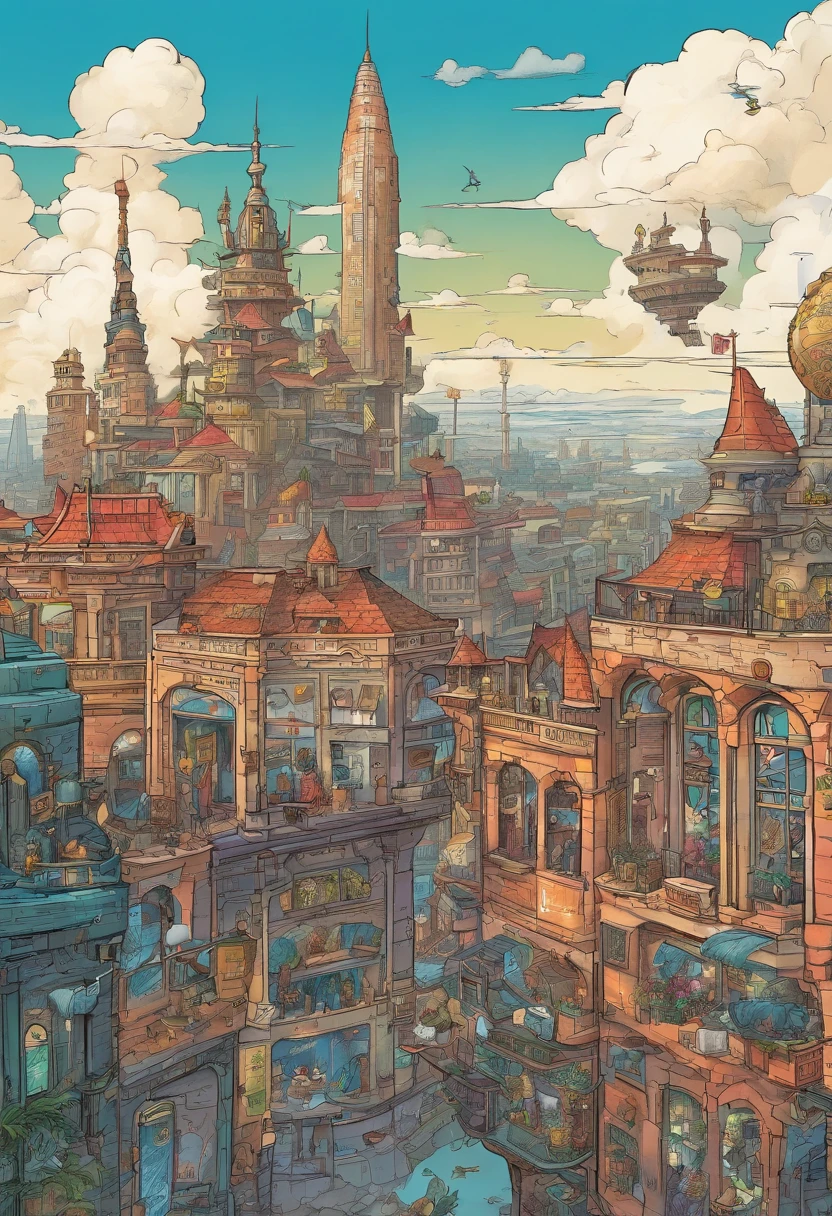 streampunk Chinese ink style, Steampunk world, musical studio in steampunk spaceship, Suspended in the air of the city, thick clouds, Animation art in ink, Comic ink art, Water ink, ink, stain, 8k, Delicately portrayed, Works by conductors, a city view. There are wizard towers, portals and flying creatures in this city. The angle we are looking at has ugly statues in the windows of the most extensive buildings. A huge wizard skyscraper looms in the distance. a city view. There are wizard towers, portals and flying creatures in this city. The angle we are looking at has ugly statues in the windows of the most extensive buildings. A huge wizard skyscraper looms in the distance.