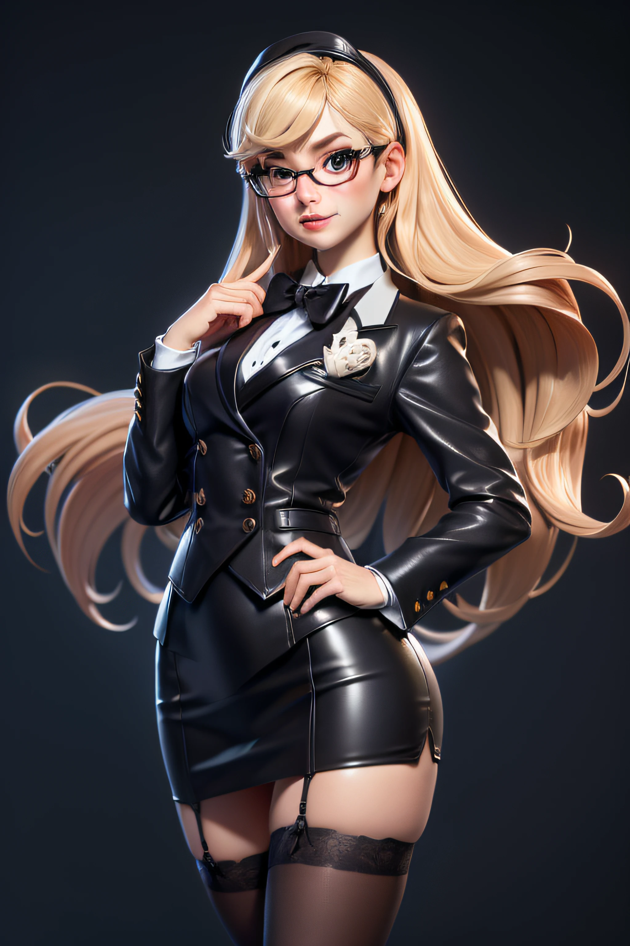 3dmm style,(masterpiece, top quality, best quality, official art, beautiful and aesthetic:1.2), (fractal art:1.3), 1girl, beautiful, high detailed, blonde hair, long hair, silky hair, hairband, makeup, eyeshadow, mascara, lipstick, dark lighting, serious face, looking the sky, sky, medium shot, black skirt suit, (((tuxedo))), ((dress shirt)), ((bowtie)), blazer, suit jacket, waistcoat, bodycon miniskirt, pencil skirt, jewelry, hands on hips, tsundere, grumpy, thick frame glasses, biting lip, stockings, high heels, white gloves