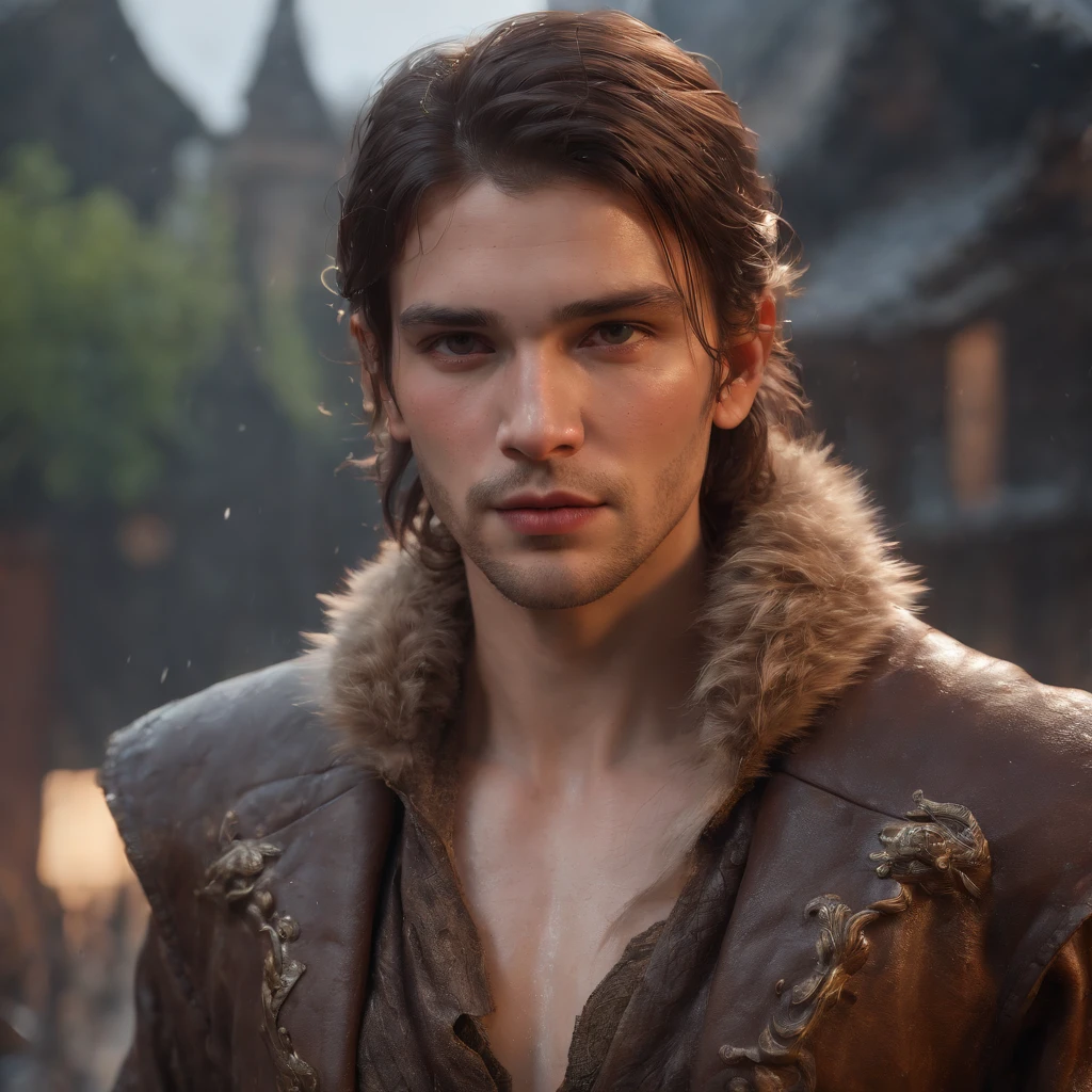 (professional 3d render:1.3) af (Realistic:1.3) most beautiful artwork photo in the world,Features soft and shiny male heroes, ((Epic hero fantasy muscle man rough wet hero angry looking long hair short beard and ferocious expression in dynamic pose, Fantastic location, Majestic cluttered environment)), Full body 8K unified rendering, action shot, skin pore, very dark lighting, heavyshading, Detailed, Detailed face, (vibrant, photograph realistic, Realistic, Dramatic, Dark, Sharp focus, 8K), (Old leather garments damaged by weathering:1.4), ((((Wear fur)))), (Intricate:1.4), decadent, (Highly detailed:1.4), Digital painting, rendering by octane, art stations, concept-art, smooth, Sharp focus, illustration, Art germ, (loish:0.23), wlop ilya kuvshinov, and greg rutkowski and alphonse mucha gracias, (Global illumination, Studio light, volumettic light), heavy rain, particles floating, lotr, fantasy, elf, full bodyesbian, ((Dark and ancient city background:1.3)),CGSesociety,art stations