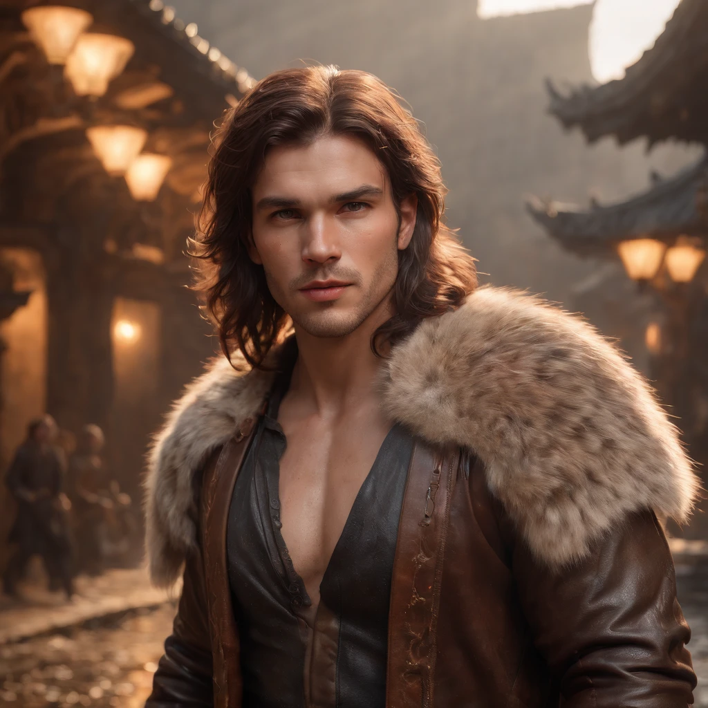 (professional 3d render:1.3) af (Realistic:1.3) most beautiful artwork photo in the world，Features soft and shiny male heroes, ((Epic hero fantasy muscle man rough wet hero angry looking long hair short beard and ferocious expression in dynamic pose, Fantastic location, Majestic cluttered environment)), Full body 8K unified rendering, action  shot, skin pore, very dark lighting, heavyshading, Detailed, Detailed face, (vibrant, photograph realistic, Realistic, Dramatic, Dark, Sharp focus, 8K), (Old leather garments damaged by weathering:1.4), ((((Wear fur)))), (Intricate:1.4), decadent, (Highly detailed:1.4), Digital painting, rendering by octane, art  stations, concept-art, smooth, Sharp focus, illustration, Art germ, (loish:0.23), wlop ilya kuvshinov, and greg rutkowski and alphonse mucha gracias, (Global illumination, Studio light, volumettic light), heavy rain, particles floating, lotr, fantasy, elf, full bodyesbian, ((Dark and ancient city background:1.3)),CGSesociety,art  stations