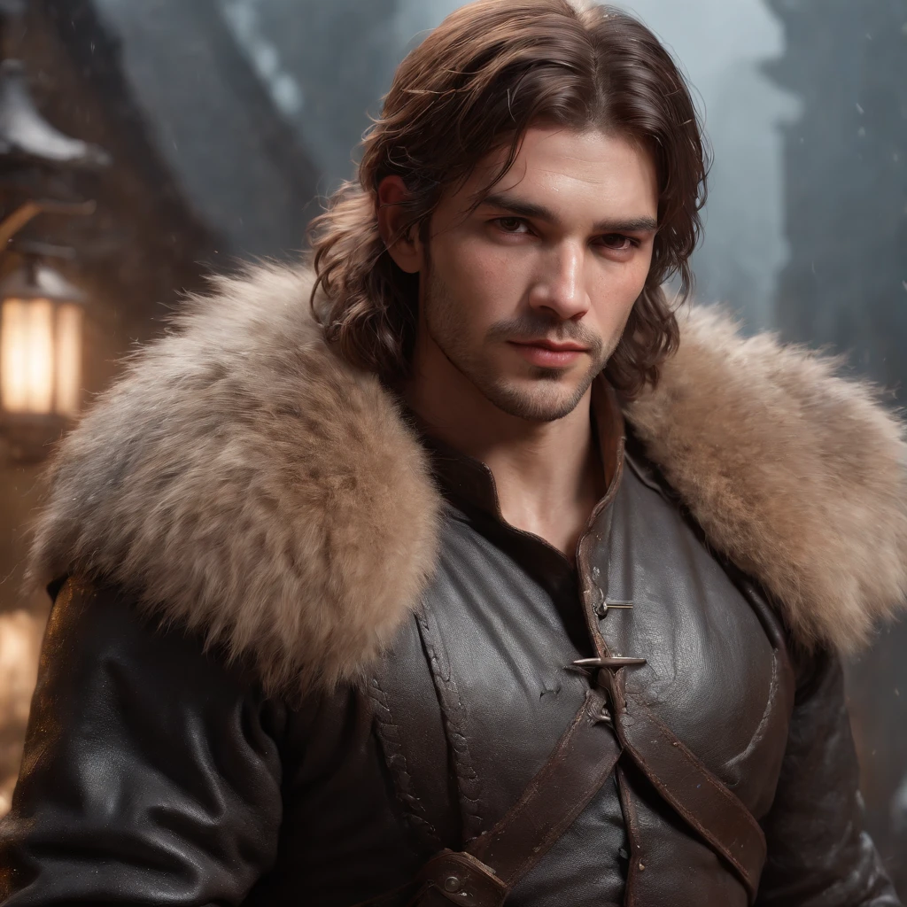 (professional 3d render:1.3) af (Realistic:1.3) most beautiful artwork photo in the world，Features soft and shiny male heroes, ((Epic hero fantasy muscle man rough wet hero angry looking long hair short beard and ferocious expression in dynamic pose, Fantastic location, Majestic cluttered environment)), Full body 8K unified rendering, action  shot, skin pore, very dark lighting, heavyshading, Detailed, Detailed face, (vibrant, photograph realistic, Realistic, Dramatic, Dark, Sharp focus, 8K), (Old leather garments damaged by weathering:1.4), ((((Wear fur)))), (Intricate:1.4), decadent, (Highly detailed:1.4), Digital painting, rendering by octane, art  stations, concept-art, smooth, Sharp focus, illustration, Art germ, (loish:0.23), wlop ilya kuvshinov, and greg rutkowski and alphonse mucha gracias, (Global illumination, Studio light, volumettic light), heavy rain, particles floating, lotr, fantasy, elf, full bodyesbian, ((Dark and ancient city background:1.3)),CGSesociety,art  stations