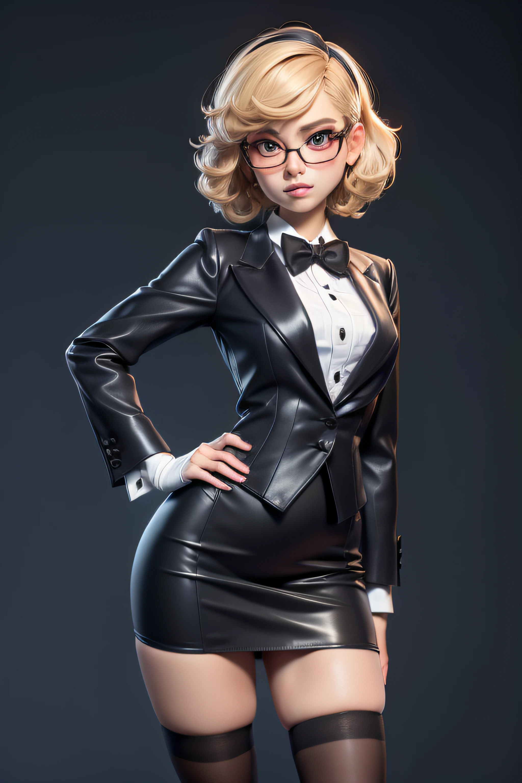 3dmm style,(masterpiece, top quality, best quality, official art, beautiful and aesthetic:1.2), (fractal art:1.3), 1girl, beautiful, high detailed, blonde hair, bobcut hair, wavy hair, hairband, makeup, eyeshadow, mascara, lipstick, dark lighting, serious face, looking the sky, sky, medium shot, black skirt suit, (((tuxedo))), ((dress shirt)), ((bowtie)), blazer, suit jacket, waistcoat, bodycon miniskirt, pencil skirt, jewelry, hands on hips, tsundere, grumpy, thick frame glasses, biting lip, stockings, high heels, white gloves