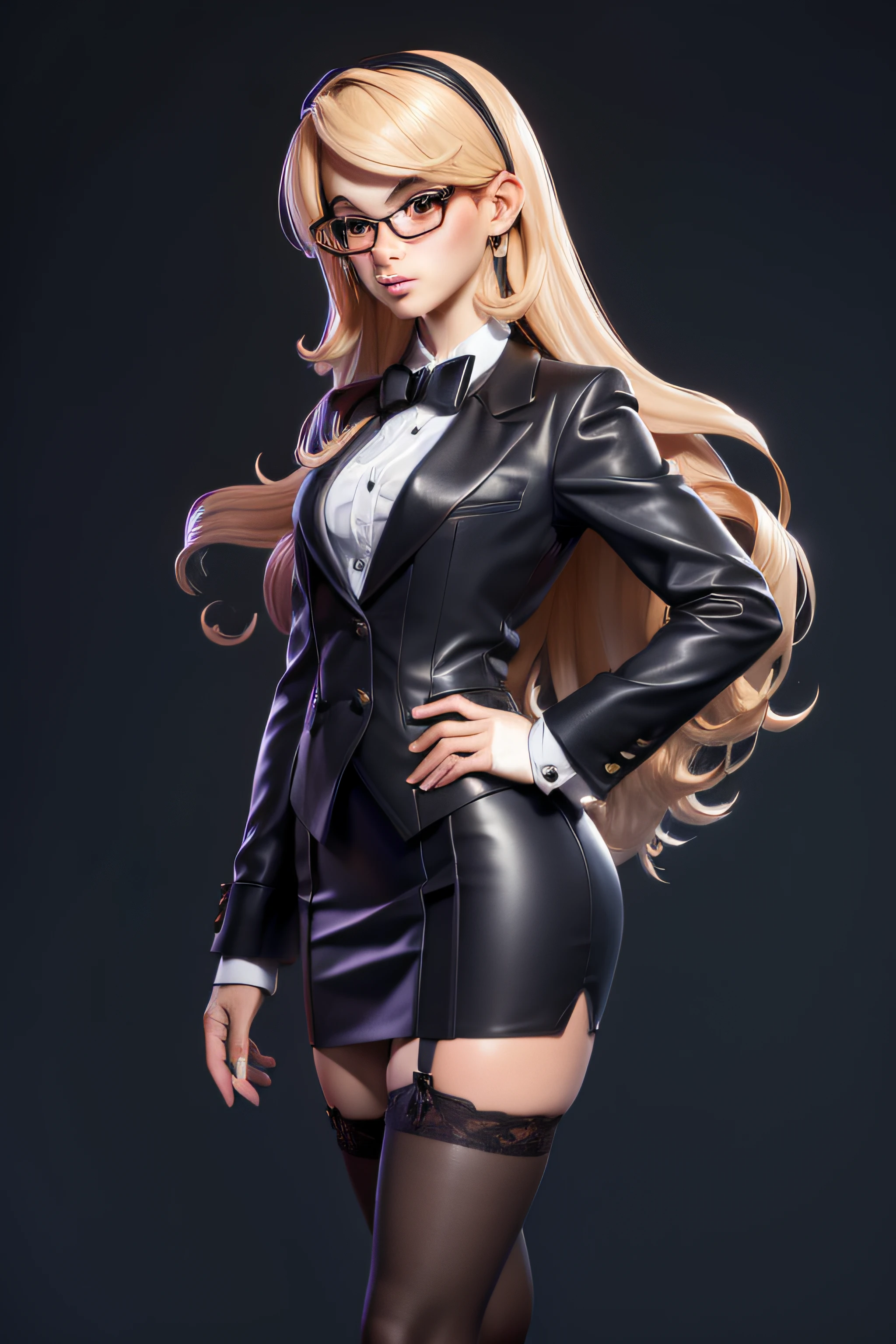 3dmm style,(masterpiece, top quality, best quality, official art, beautiful and aesthetic:1.2), (fractal art:1.3), 1girl, beautiful, high detailed, blonde hair, long hair, silky hair, straight hair, hairband, makeup, eyeshadow, mascara, lipstick, dark lighting, serious face, looking the sky, sky, medium shot, black skirt suit, (((tuxedo))), ((dress shirt)), ((bowtie)), blazer, suit jacket, waistcoat, bodycon miniskirt, pencil skirt, jewelry, hands on hips, tsundere, grumpy, thick frame glasses, biting lip, stockings, high heels, white gloves