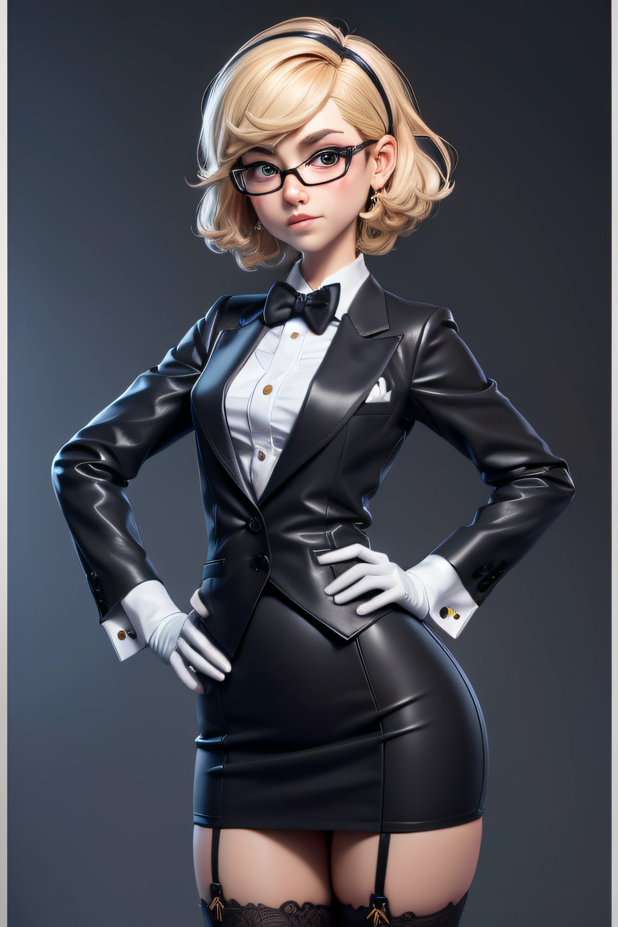 3dmm style,(masterpiece, top quality, best quality, official art, beautiful and aesthetic:1.2), (fractal art:1.3), 1girl, beautiful, high detailed, blonde hair, bobcut hair, wavy hair, hairband, makeup, eyeshadow, mascara, lipstick, dark lighting, serious face, looking the sky, sky, medium shot, black skirt suit, (((tuxedo))), ((dress shirt)), ((bowtie)), blazer, suit jacket, waistcoat, bodycon miniskirt, pencil skirt, jewelry, hands on hips, tsundere, grumpy, thick frame glasses, biting lip, stockings, high heels, white gloves