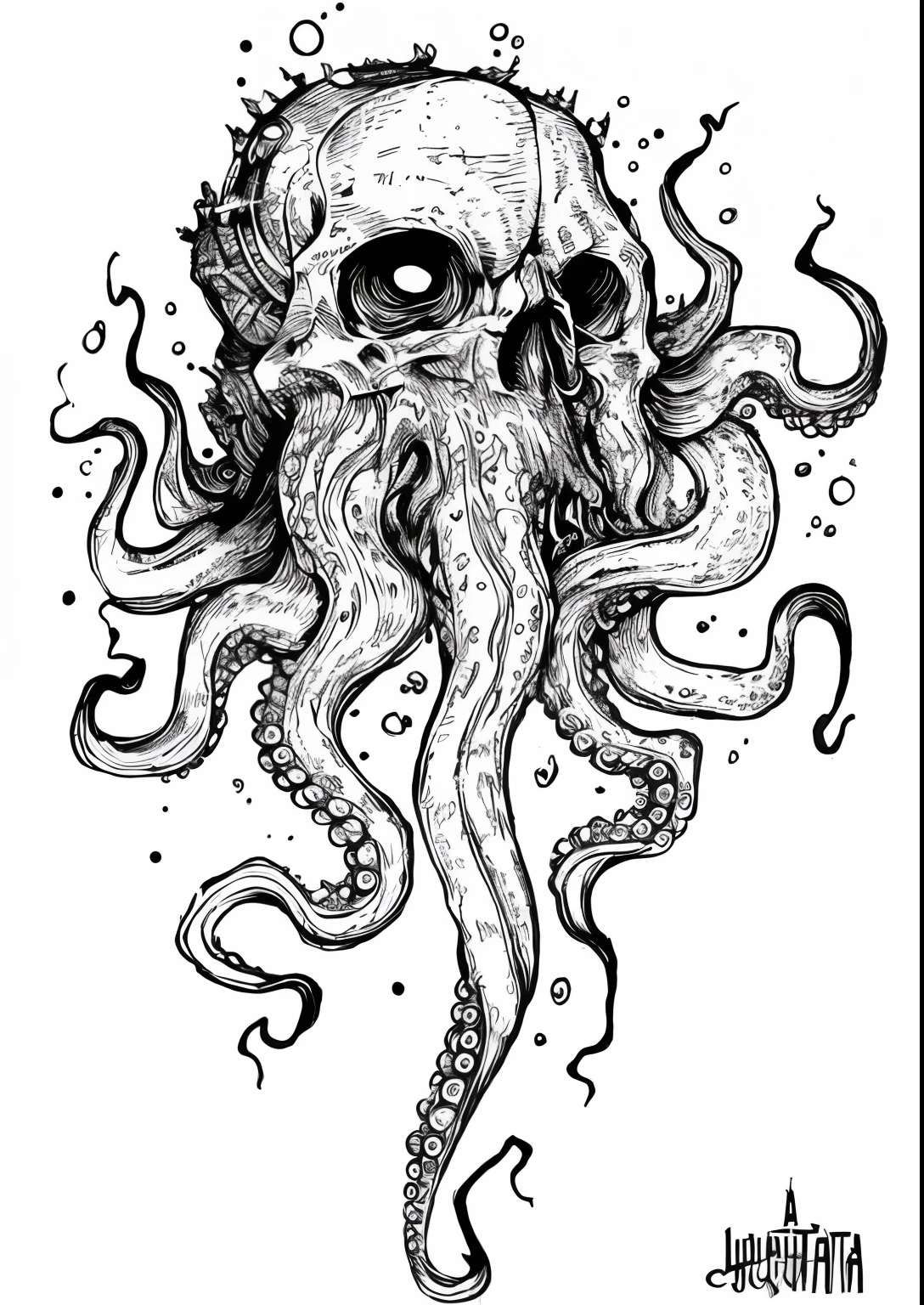old school black and white tattoo of an octopus with an x-ray on its head