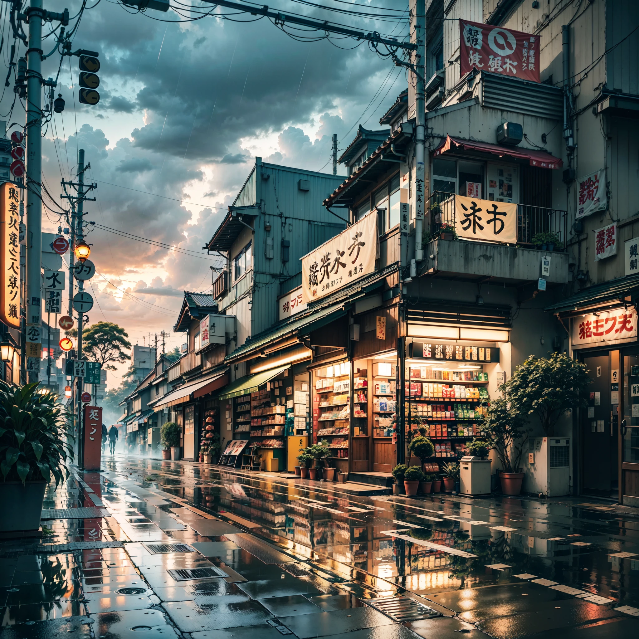 anime background, anime wallpaper, anime, anime style, lofi, lofi style, modern japanese street, modern japanese architecture, japanese convenience store, big retro japanese shop signs, retro japanese store, trees, plants, rocks, plant pots, shop signs, japanese banners, japanese signs, flags, sunrise, rain, raining, heavy rain, dramatic weather, puddles on the floor, rain falling from the sky, rain drops, empty street, no one in sight, (no one: 1), best quality, urban tokyo, compact, urban,